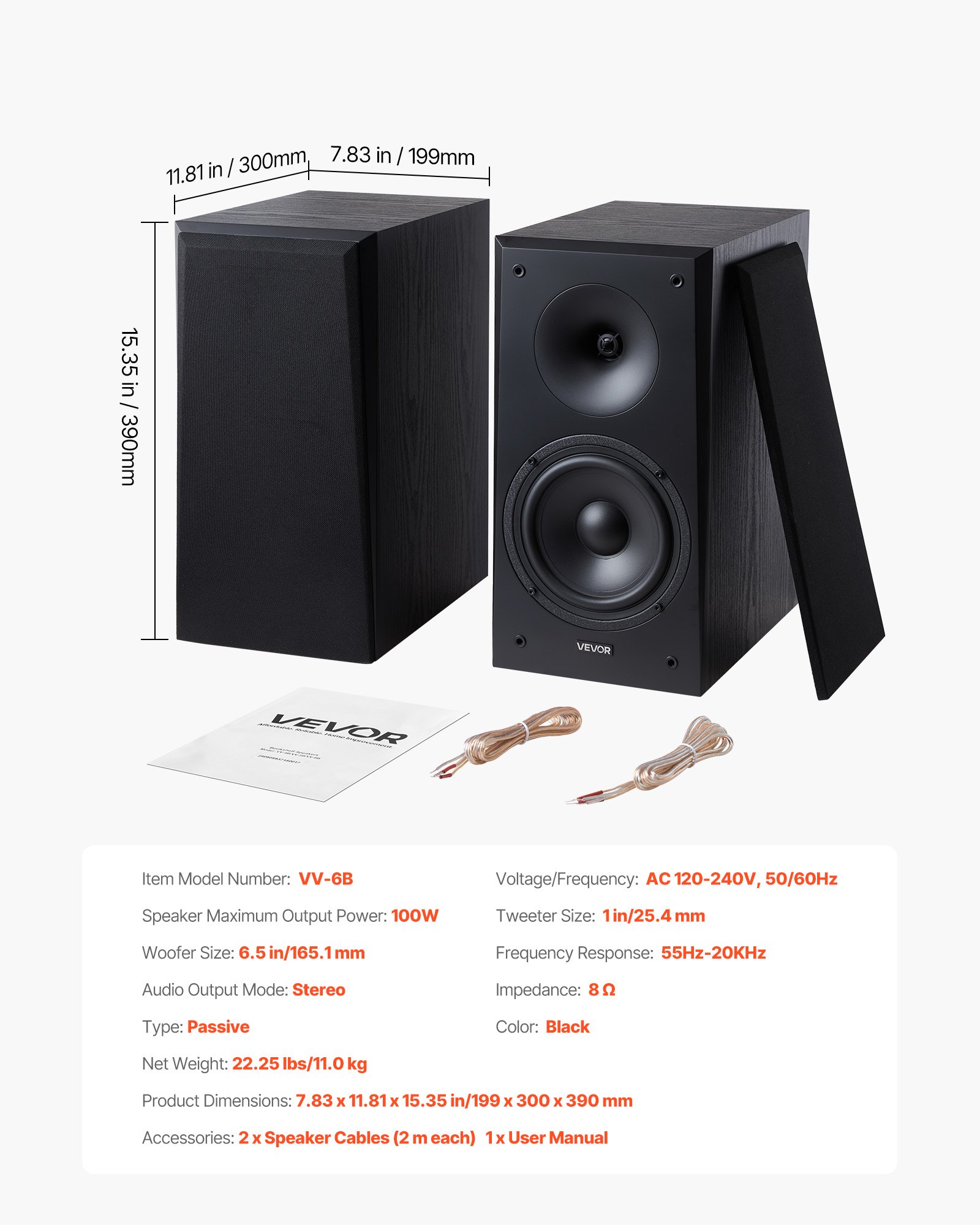 VEVOR Passive Bookshelf Speaker, 300W, Book Shelf Stereo Speakers with 165.1 mm Woofer and 1-Inch Tweeter, Detachable Grille, 55Hz-20KHz Frequency Response, Wooden Enclosure, for Home Theater (1 Pair)