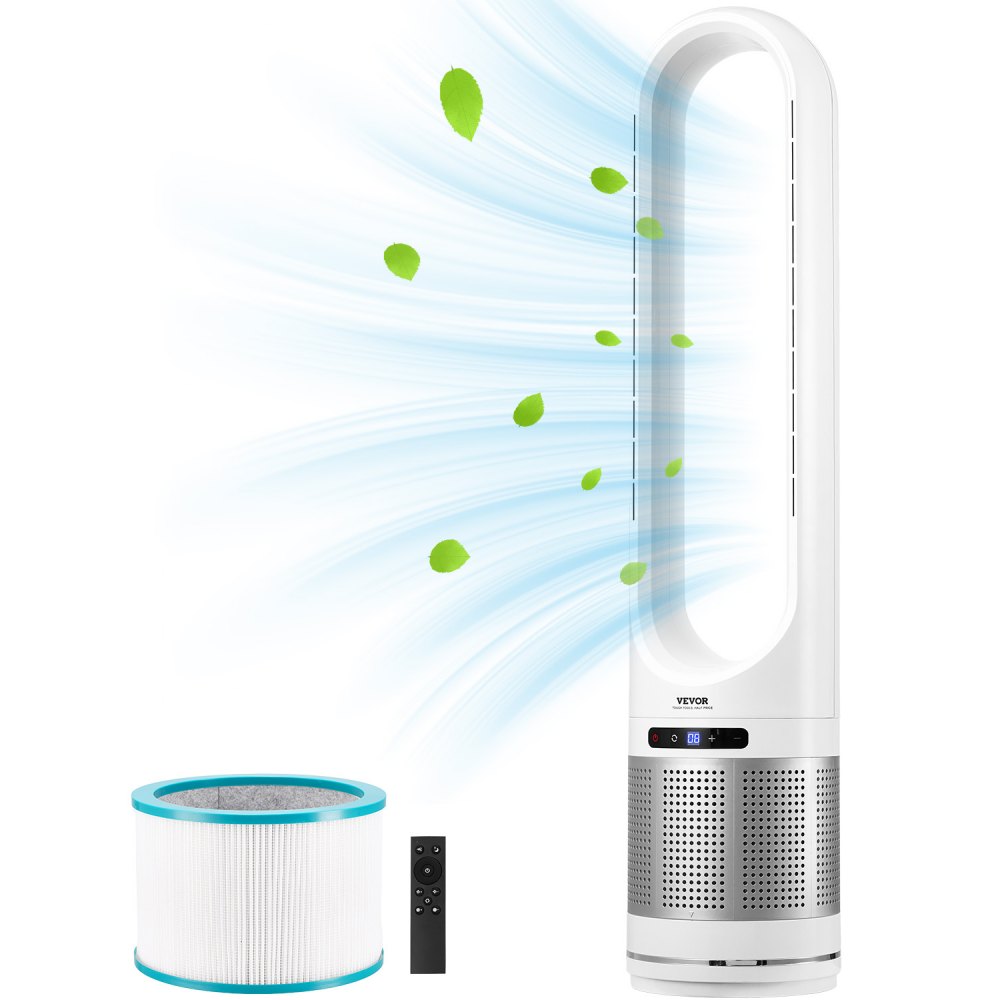 VEVOR Ventilador de Torre sin Aspas que Sopla Aire Frío, 8 Velocidades, Oscilación 80°, Temporizador 8 H, con Filtración HEPA H13, y Modo de Purificación de Aire, 225 x 1050 mm, ≤ 55 dB, Blanco