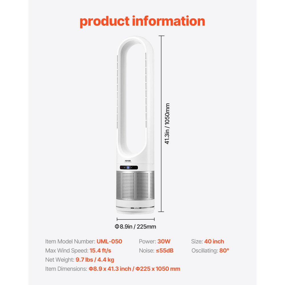 VEVOR Ventilador de Torre sin Aspas que Sopla Aire Frío, 8 Velocidades, Oscilación 80°, Temporizador 8 H, con Filtración HEPA H13, y Modo de Purificación de Aire, 225 x 1050 mm, ≤ 55 dB, Blanco