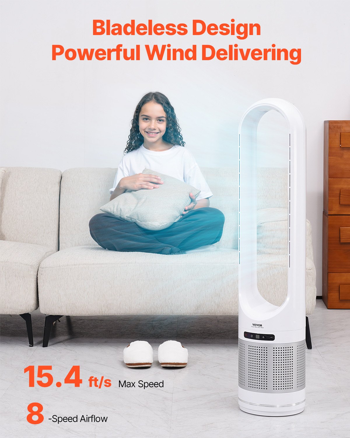 VEVOR Ventilador de Torre sin Aspas que Sopla Aire Frío, 8 Velocidades, Oscilación 80°, Temporizador 8 H, con Filtración HEPA H13, y Modo de Purificación de Aire, 225 x 1050 mm, ≤ 55 dB, Blanco