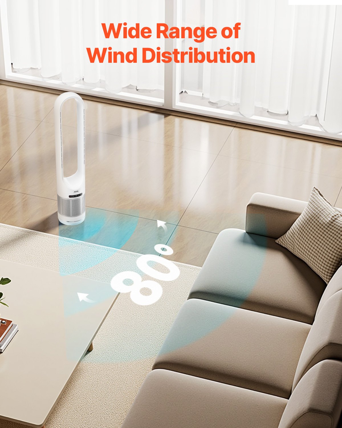 VEVOR Ventilador de Torre sin Aspas que Sopla Aire Frío, 8 Velocidades, Oscilación 80°, Temporizador 8 H, con Filtración HEPA H13, y Modo de Purificación de Aire, 225 x 1050 mm, ≤ 55 dB, Blanco