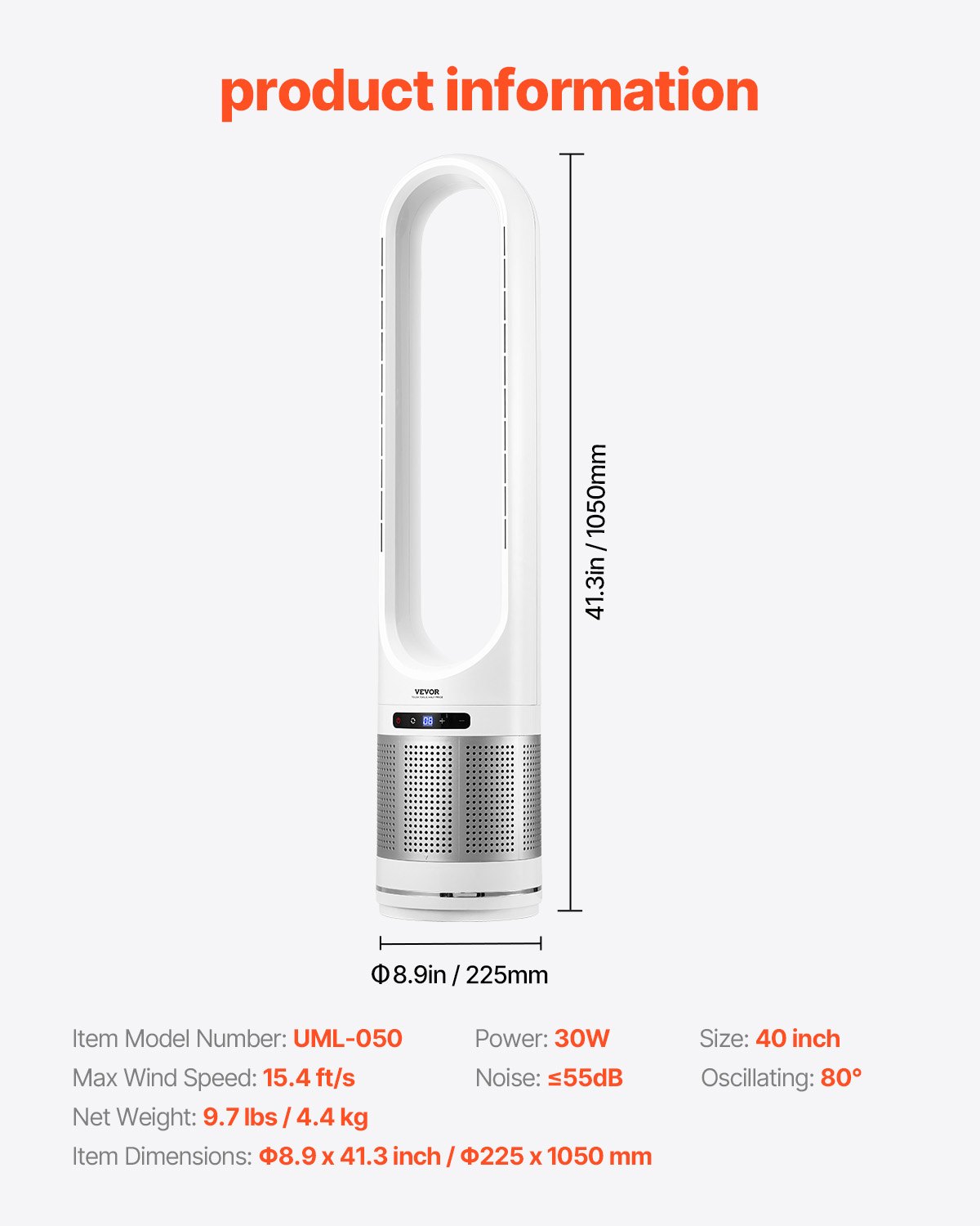 VEVOR Ventilador de Torre sin Aspas que Sopla Aire Frío, 8 Velocidades, Oscilación 80°, Temporizador 8 H, con Filtración HEPA H13, y Modo de Purificación de Aire, 225 x 1050 mm, ≤ 55 dB, Blanco
