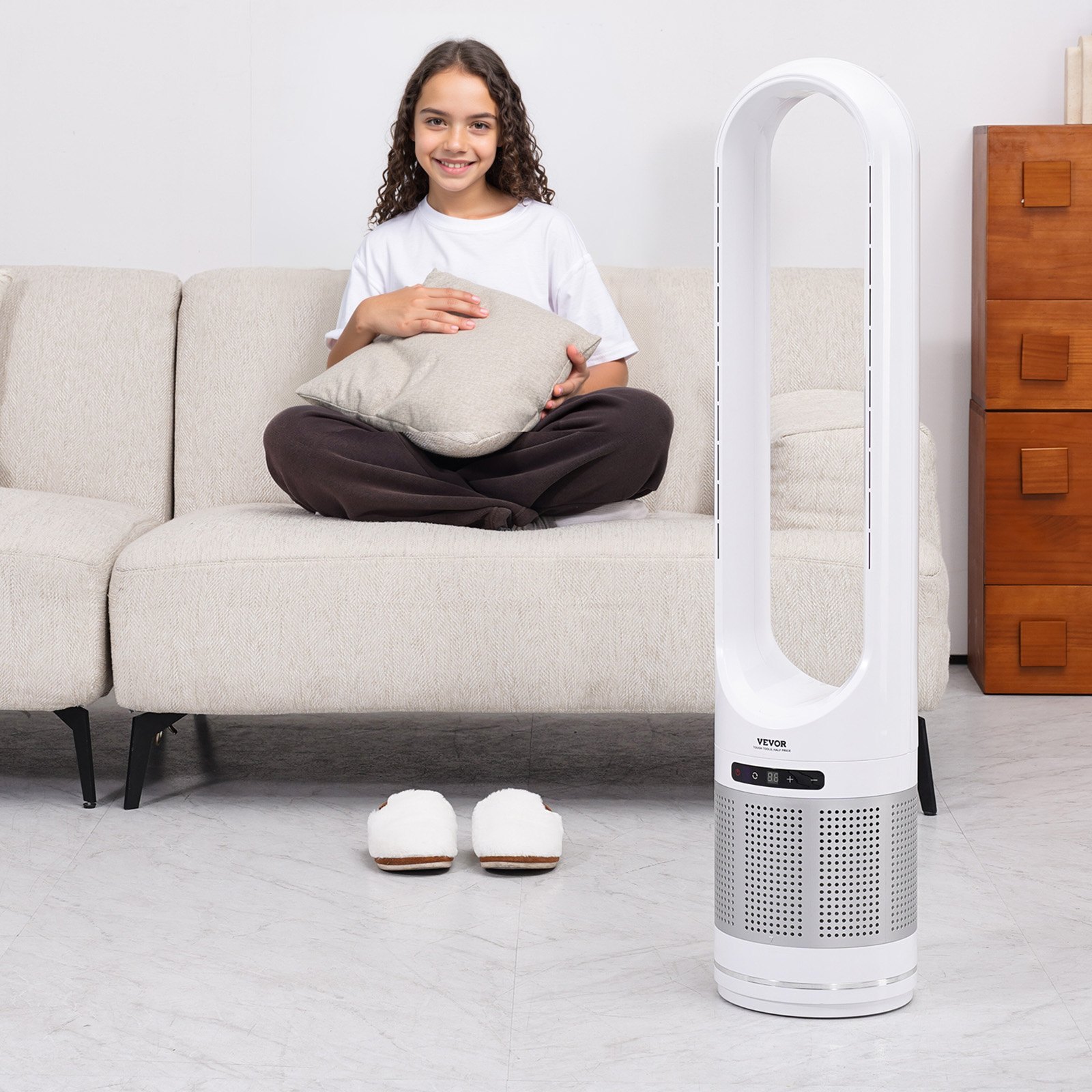 VEVOR Ventilador de Torre sin Aspas que Sopla Aire Frío, 8 Velocidades, Oscilación 80°, Temporizador 8 H, con Filtración HEPA H13, y Modo de Purificación de Aire, 225 x 1050 mm, ≤ 55 dB, Blanco