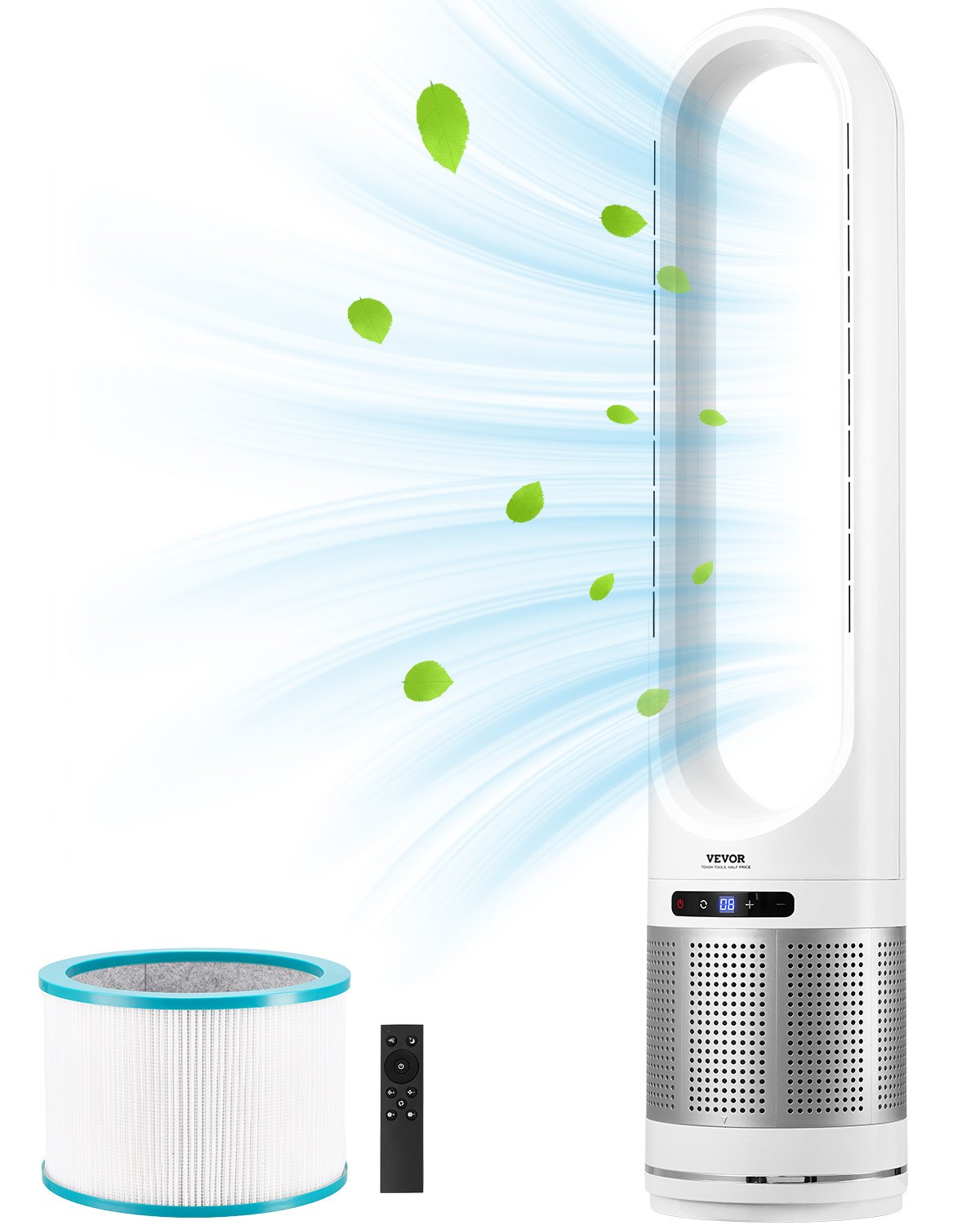 VEVOR Ventilador de Torre sin Aspas que Sopla Aire Frío, 8 Velocidades, Oscilación 80°, Temporizador 8 H, con Filtración HEPA H13, y Modo de Purificación de Aire, 225 x 1050 mm, ≤ 55 dB, Blanco