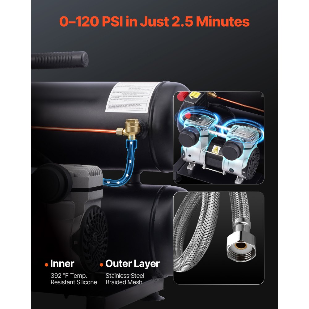 Compresor de aire VEVOR, tanque de acero de 4,6 galones, compresor de aire sin aceite de 1 HP, 2,0 CFM a 90 PSI y presión máxima de 120 PSI, compresor portátil ultrasilencioso de 80 dB, para reparación de automóviles, inflado de neumáticos, pintura en aerosol
