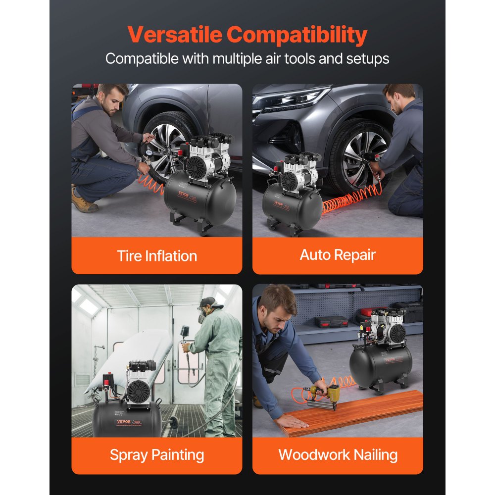 Compresor de aire VEVOR, tanque de acero de 10 galones, compresor de aire sin aceite de 2 HP, 5,3 CFM a 90 PSI y presión máxima de 125 PSI, compresor portátil ultrasilencioso de 78 dB, para reparación de automóviles, inflado de neumáticos, pintura en aerosol