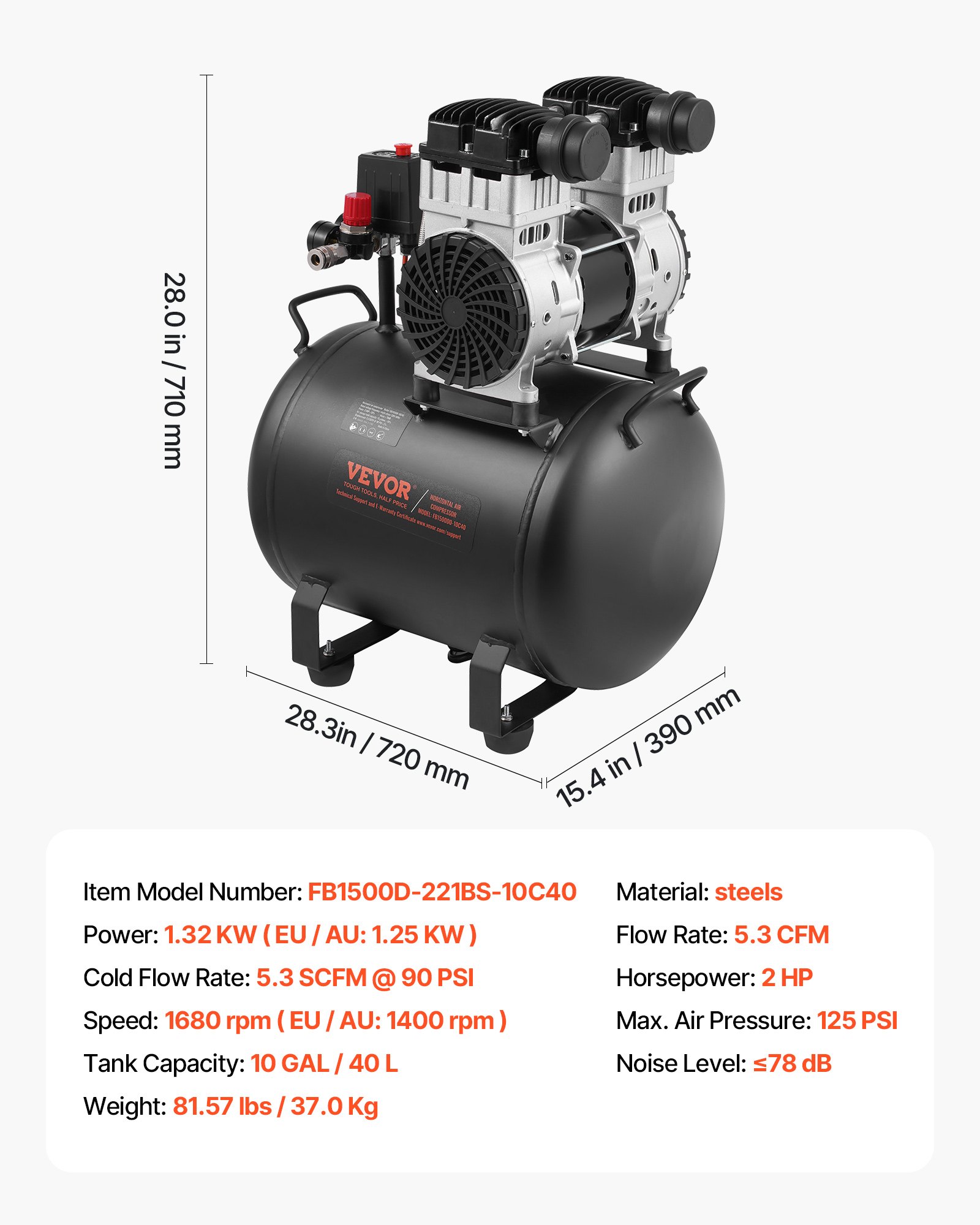 Compresor de aire VEVOR, tanque de acero de 10 galones, compresor de aire sin aceite de 2 HP, 5,3 CFM a 90 PSI y presión máxima de 125 PSI, compresor portátil ultrasilencioso de 78 dB, para reparación de automóviles, inflado de neumáticos, pintura en aerosol