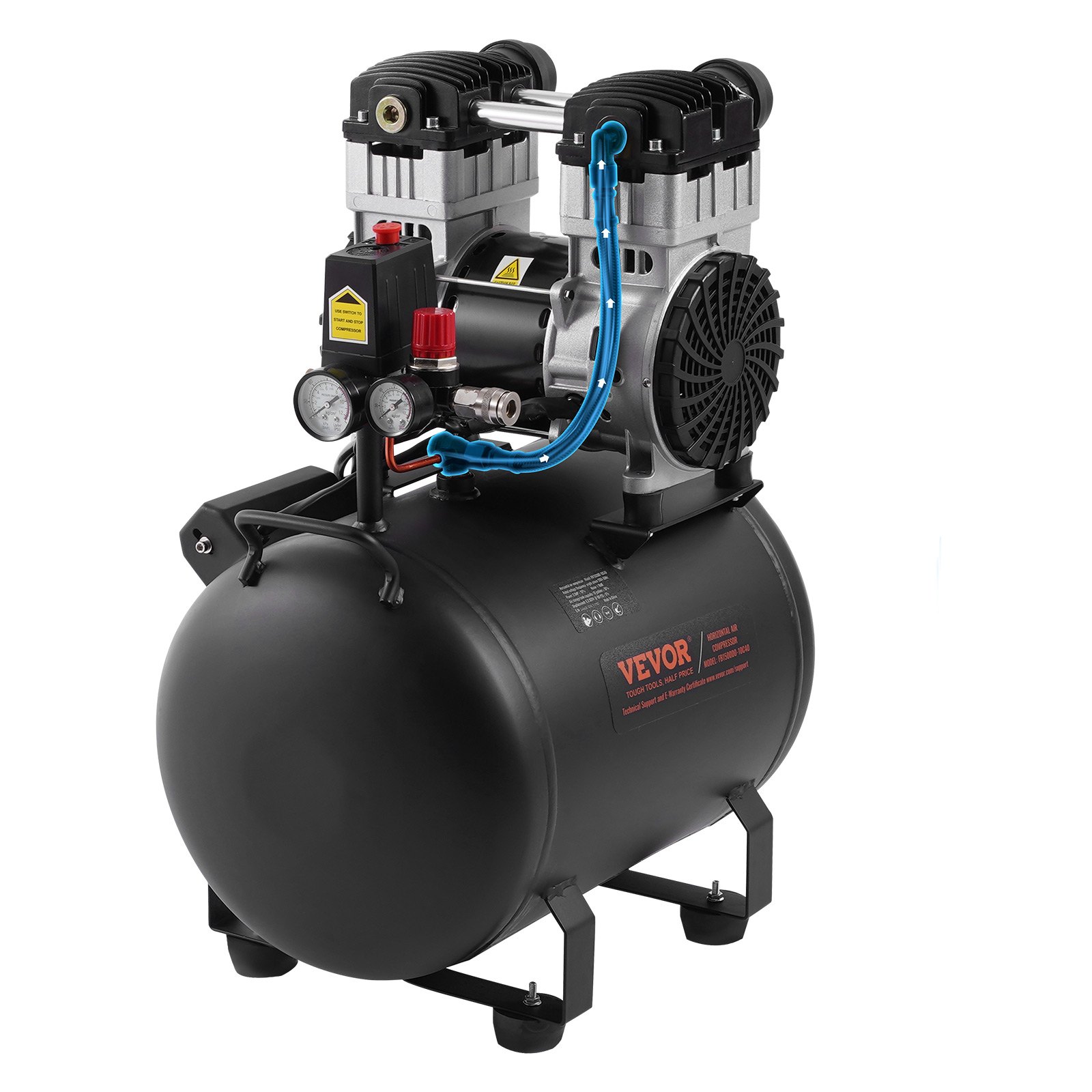 Compresor de aire VEVOR, tanque de acero de 10 galones, compresor de aire sin aceite de 2 HP, 5,3 CFM a 90 PSI y presión máxima de 125 PSI, compresor portátil ultrasilencioso de 78 dB, para reparación de automóviles, inflado de neumáticos, pintura en aerosol