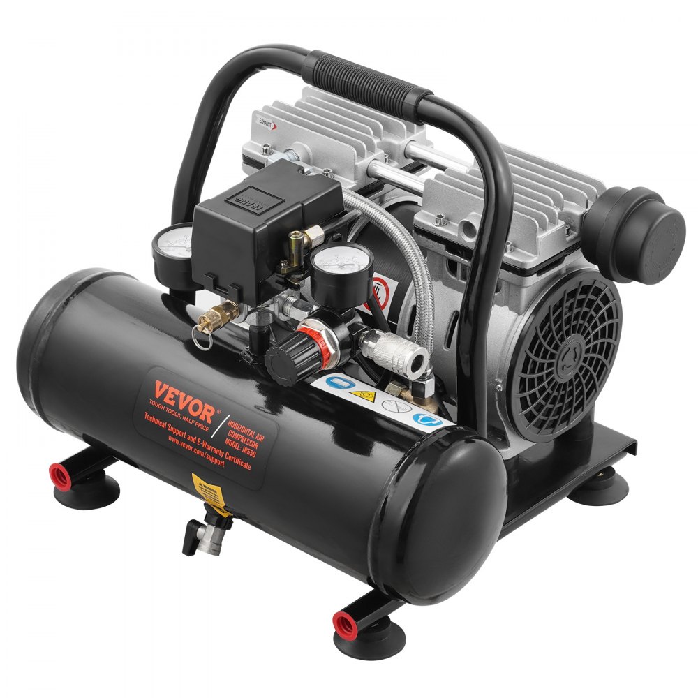 VEVOR Compresor de Aire Portátil Ultrasilencioso de 68 dB, Tanque de Acero de 4 L, sin Aceite, 1 HP, 1,5 CFM, 7 Bar y Presión Máxima de 120 PSI, para Reparación de Automóviles, 375 x 345 x 330 mm