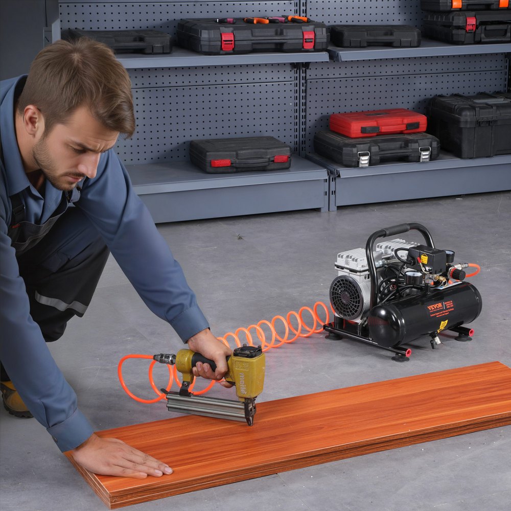 VEVOR Compresor de Aire Portátil Ultrasilencioso de 68 dB, Tanque de Acero de 4 L, sin Aceite, 1 HP, 1,5 CFM, 7 Bar y Presión Máxima de 120 PSI, para Reparación de Automóviles, 375 x 345 x 330 mm