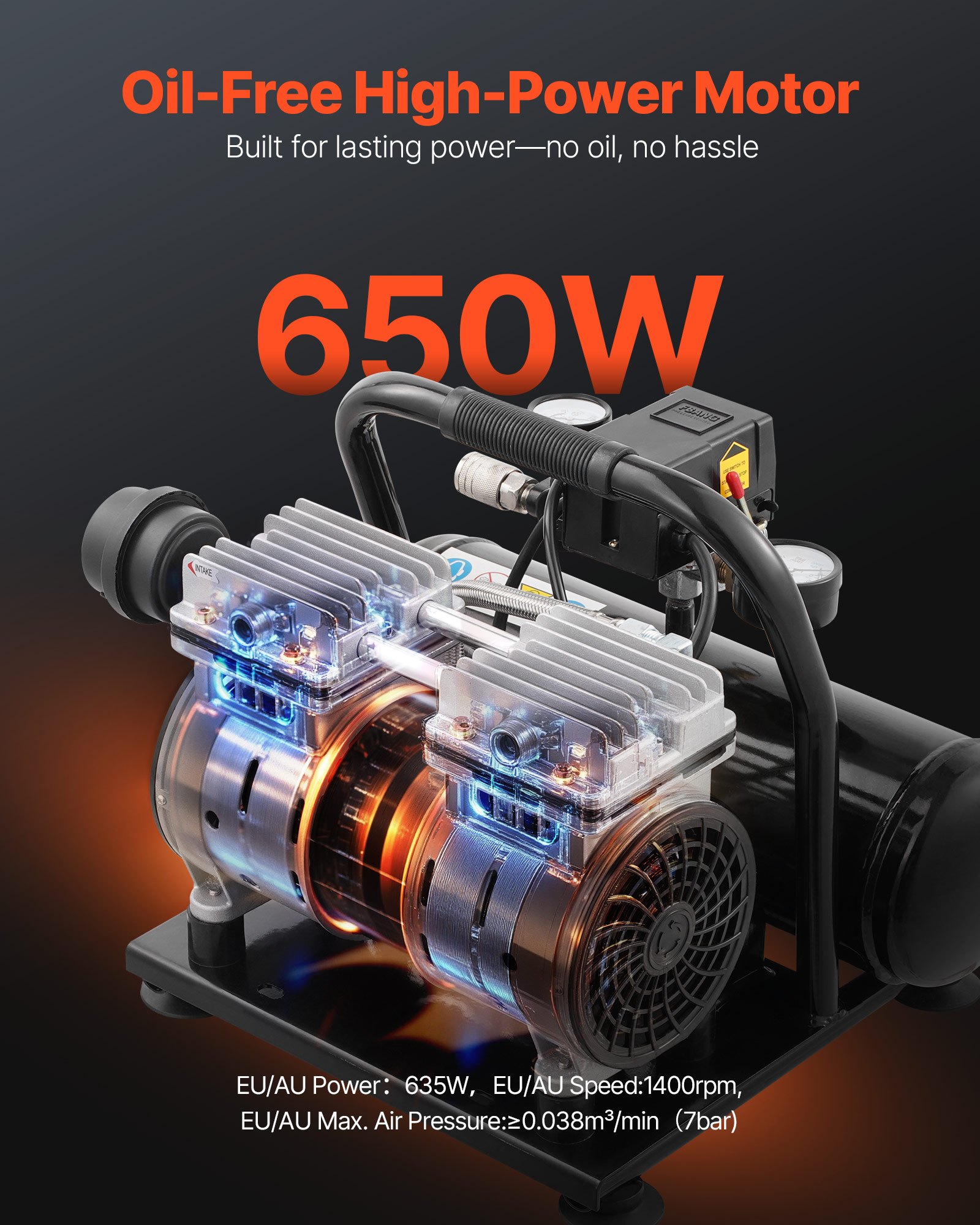 VEVOR Compresor de Aire Portátil Ultrasilencioso de 68 dB, Tanque de Acero de 4 L, sin Aceite, 1 HP, 1,5 CFM, 7 Bar y Presión Máxima de 120 PSI, para Reparación de Automóviles, 375 x 345 x 330 mm