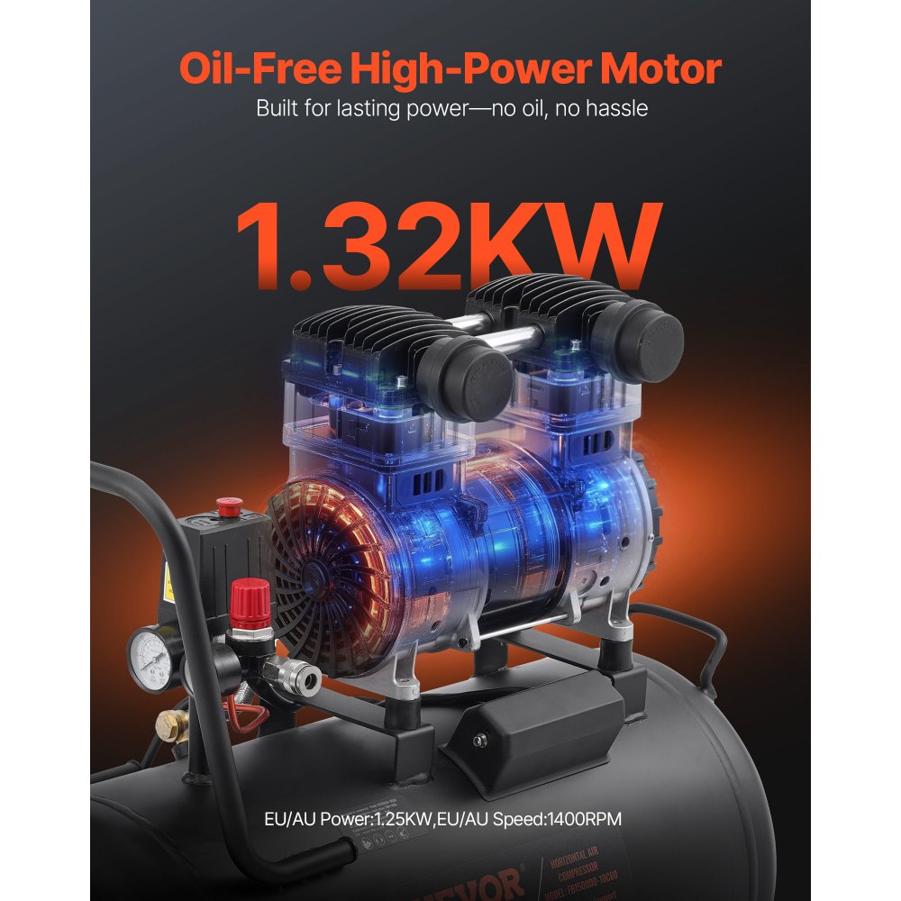 Compresor de aire VEVOR, tanque de acero de 15 galones, compresor de aire sin aceite de 2 HP, 5,3 CFM a 90 PSI y presión máxima de 125 PSI, compresor portátil ultrasilencioso de 78 dB, para reparación de automóviles, inflado de neumáticos, pintura en aerosol