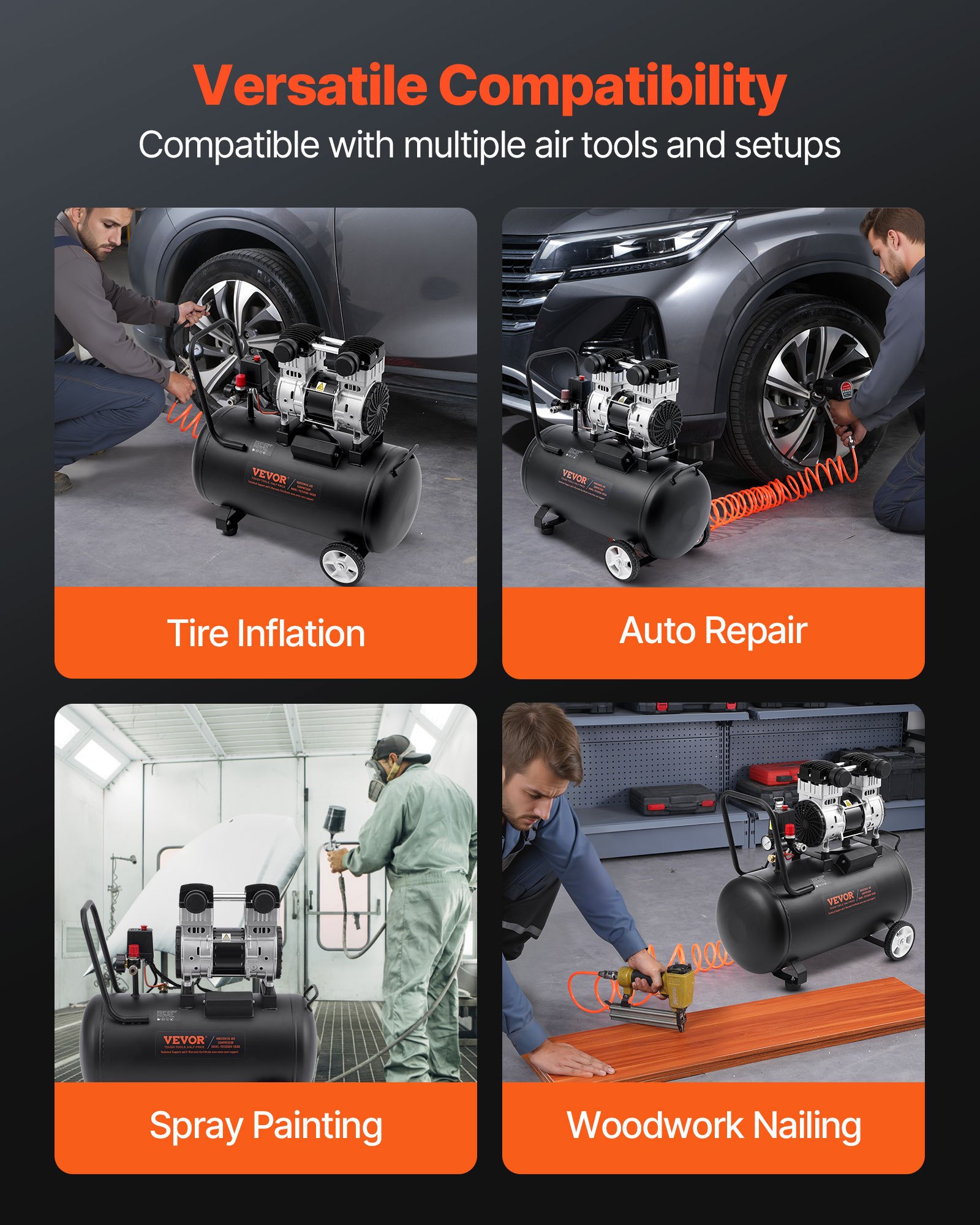 Compresor de aire VEVOR, tanque de acero de 15 galones, compresor de aire sin aceite de 2 HP, 5,3 CFM a 90 PSI y presión máxima de 125 PSI, compresor portátil ultrasilencioso de 78 dB, para reparación de automóviles, inflado de neumáticos, pintura en aerosol