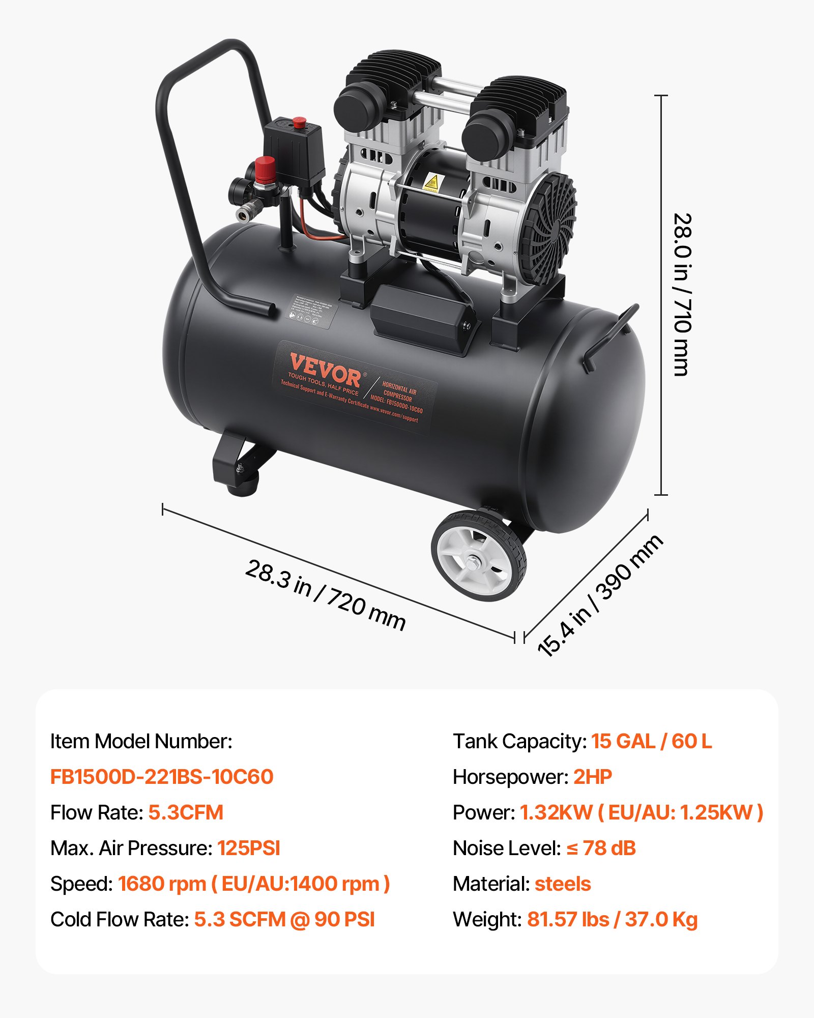 Compresor de aire VEVOR, tanque de acero de 15 galones, compresor de aire sin aceite de 2 HP, 5,3 CFM a 90 PSI y presión máxima de 125 PSI, compresor portátil ultrasilencioso de 78 dB, para reparación de automóviles, inflado de neumáticos, pintura en aerosol