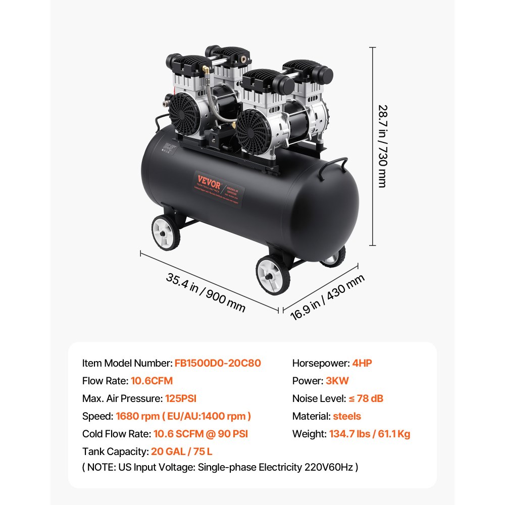 Compresor de aire VEVOR, tanque de acero de 20 galones, compresor de aire sin aceite de 4 HP, 14,6 CFM a 90 PSI y presión máxima de 125 PSI, compresor portátil ultrasilencioso de 78 dB, para reparación de automóviles, inflado de neumáticos, pintura en aerosol