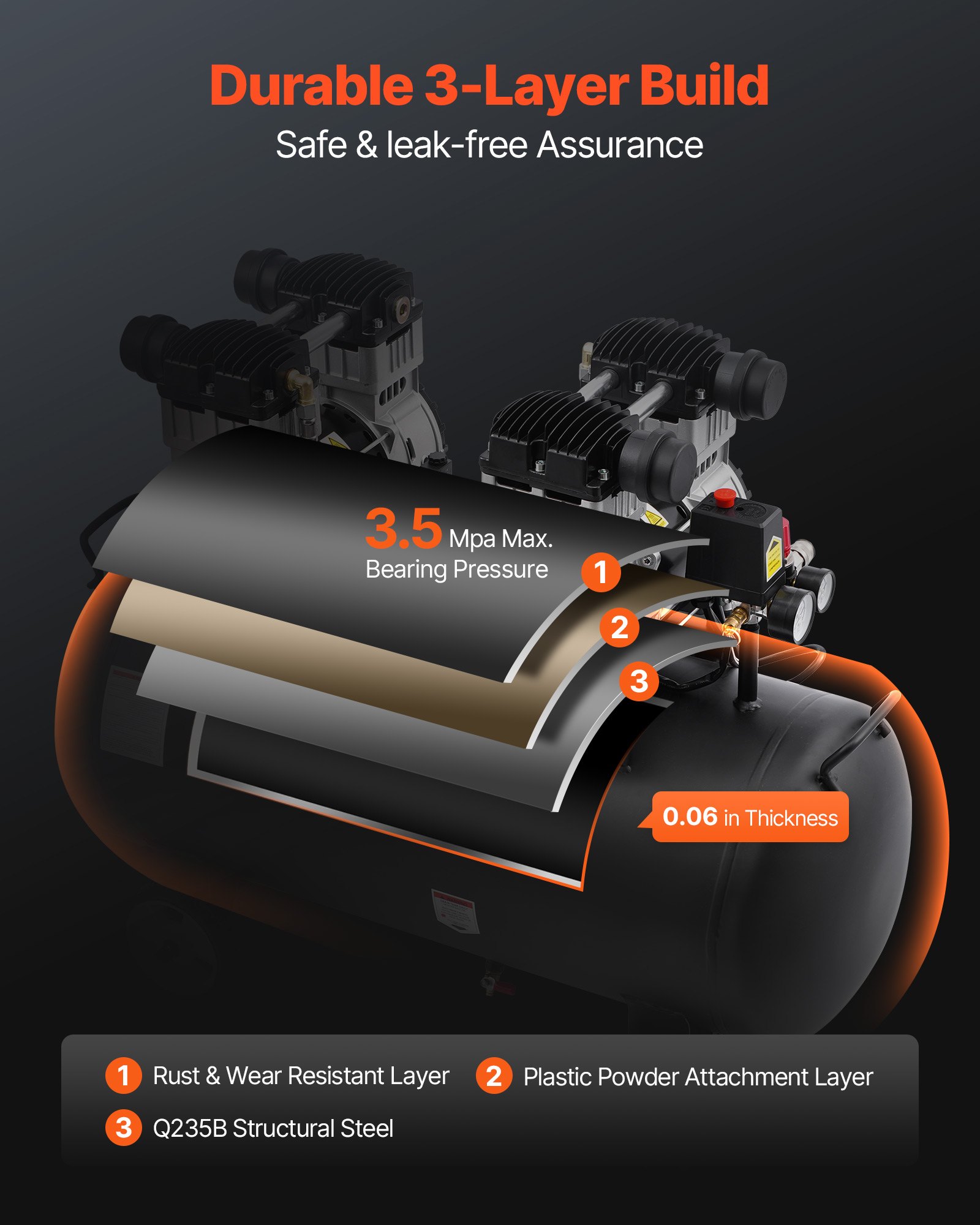 VEVOR air compressor, 20-gallon steel tank, 4 HP, 14.6 CFM at 90 PSI, oil-free air compressor and max. 125 PSI pressure, 78 dB ultra-quiet portable compressor, for car repair, tire inflation, spray painting