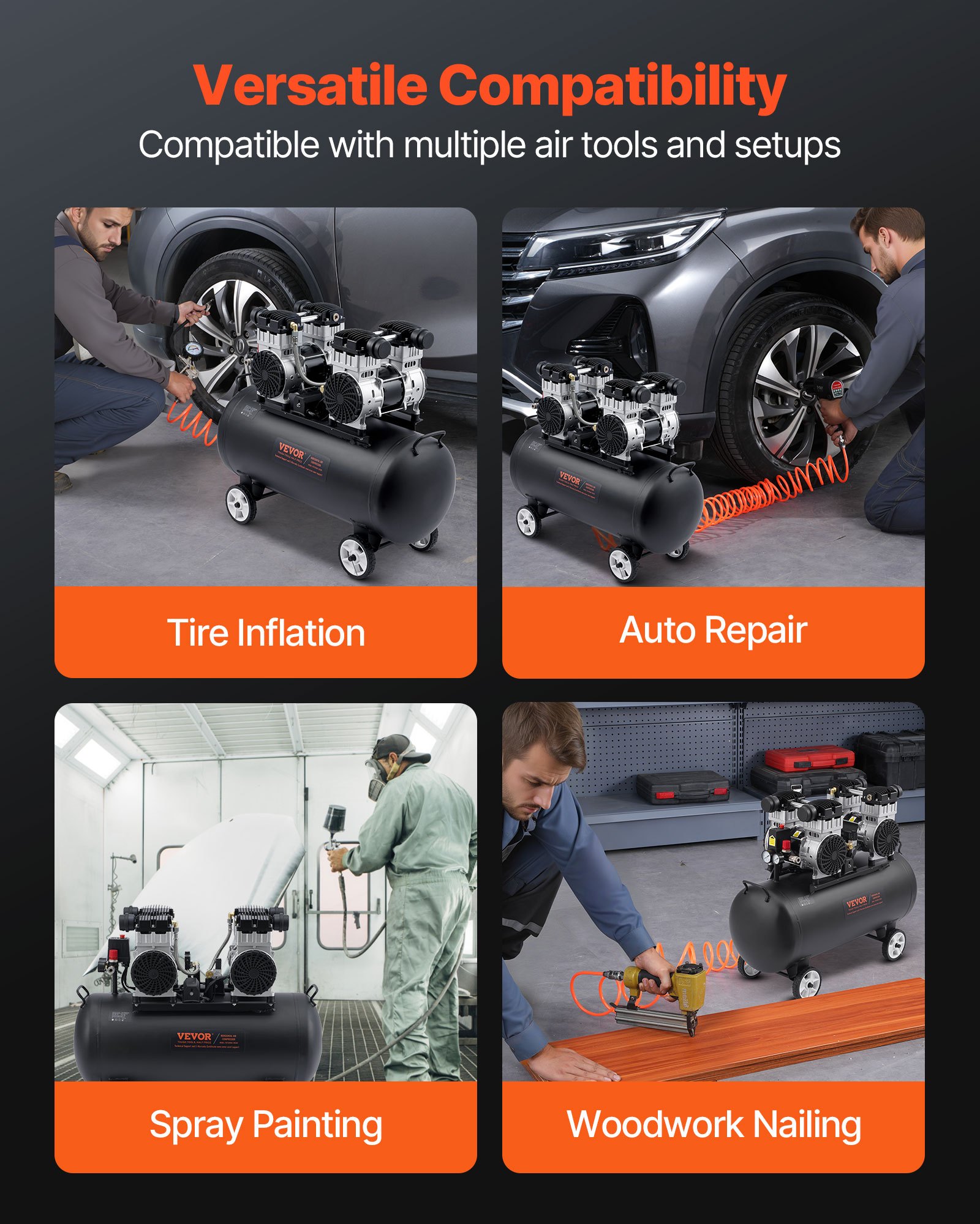 Compresor de aire VEVOR, tanque de acero de 20 galones, compresor de aire sin aceite de 4 HP, 14,6 CFM a 90 PSI y presión máxima de 125 PSI, compresor portátil ultrasilencioso de 78 dB, para reparación de automóviles, inflado de neumáticos, pintura en aerosol