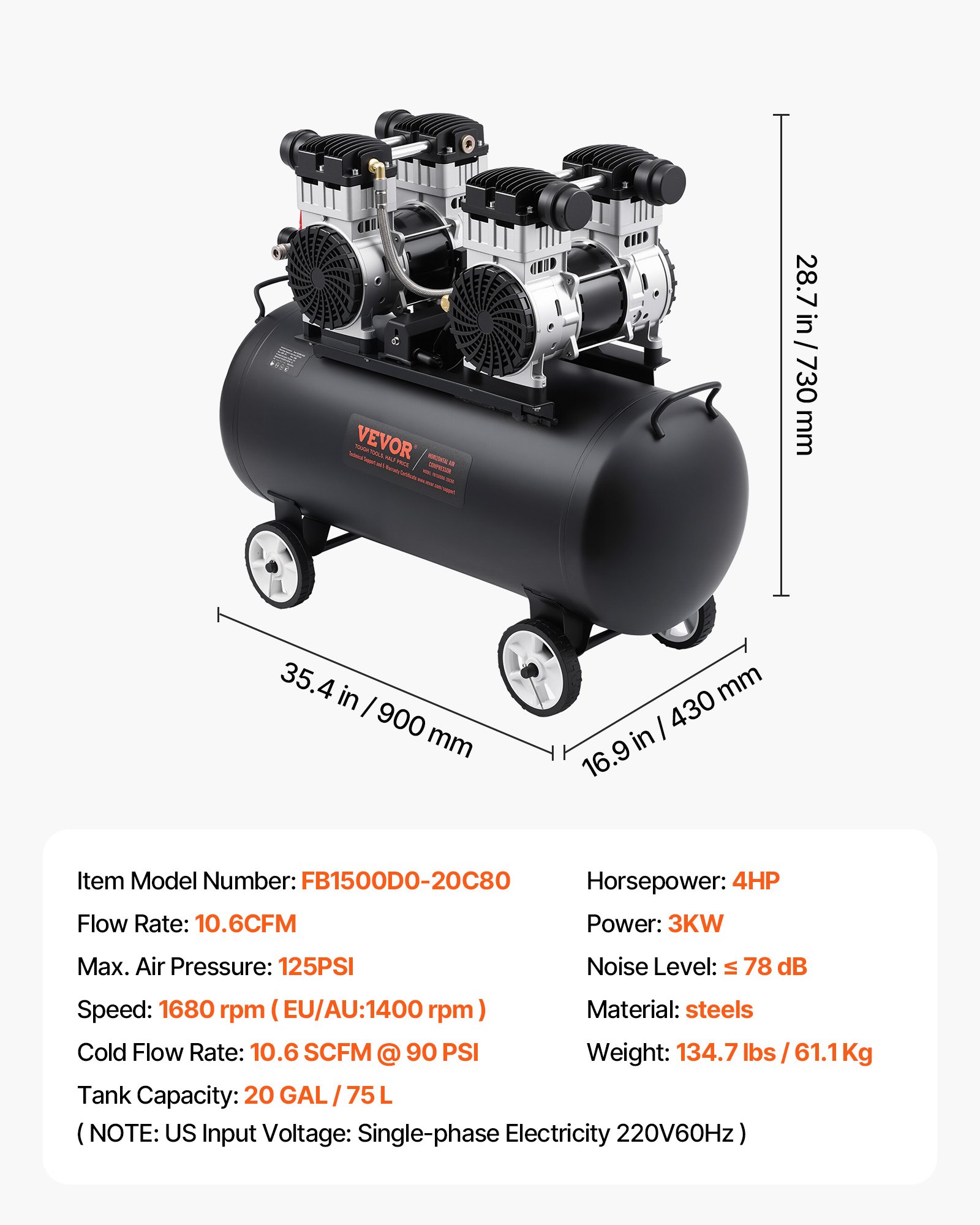 Compresor de aire VEVOR, tanque de acero de 20 galones, compresor de aire sin aceite de 4 HP, 14,6 CFM a 90 PSI y presión máxima de 125 PSI, compresor portátil ultrasilencioso de 78 dB, para reparación de automóviles, inflado de neumáticos, pintura en aerosol