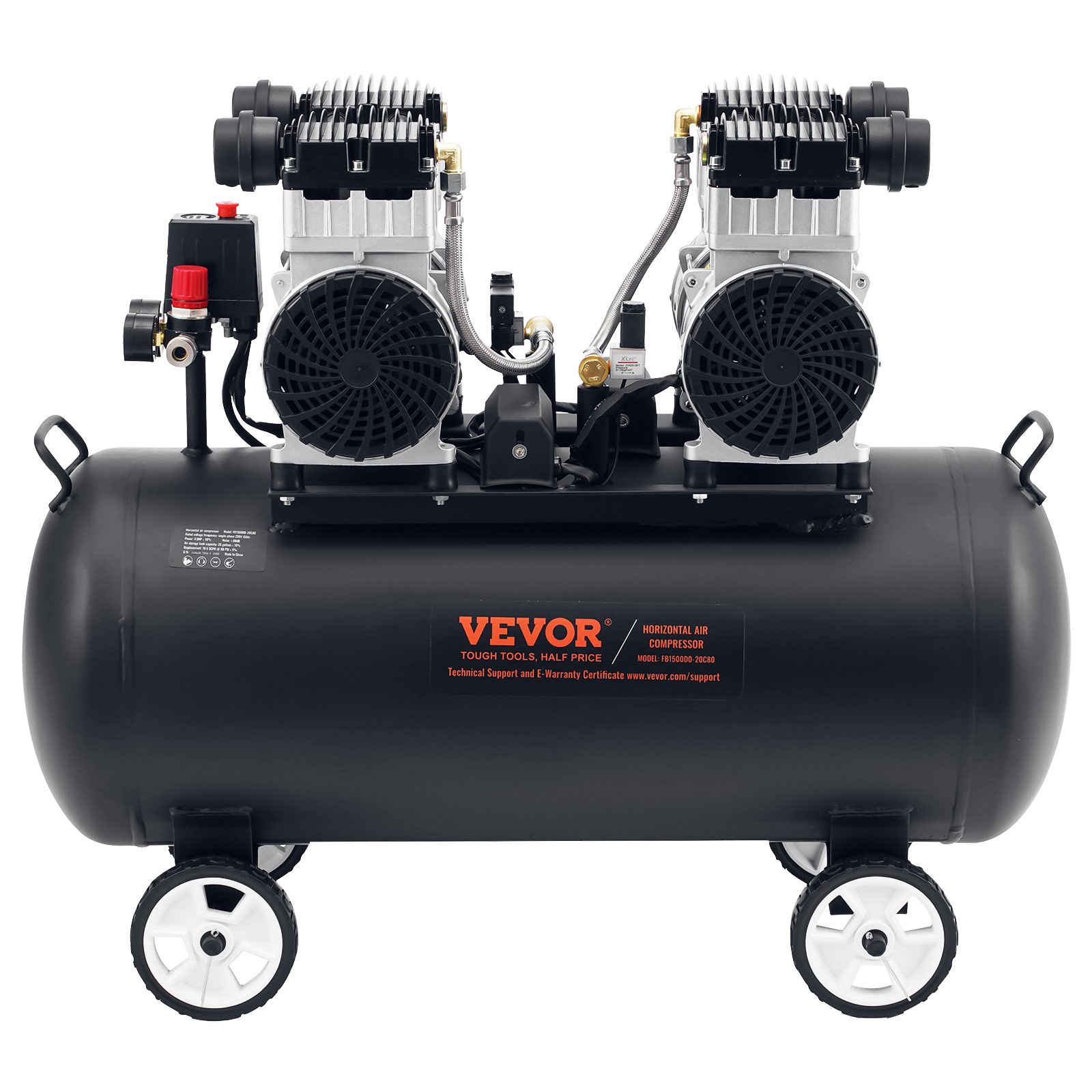 Compresor de aire VEVOR, tanque de acero de 20 galones, compresor de aire sin aceite de 4 HP, 14,6 CFM a 90 PSI y presión máxima de 125 PSI, compresor portátil ultrasilencioso de 78 dB, para reparación de automóviles, inflado de neumáticos, pintura en aerosol