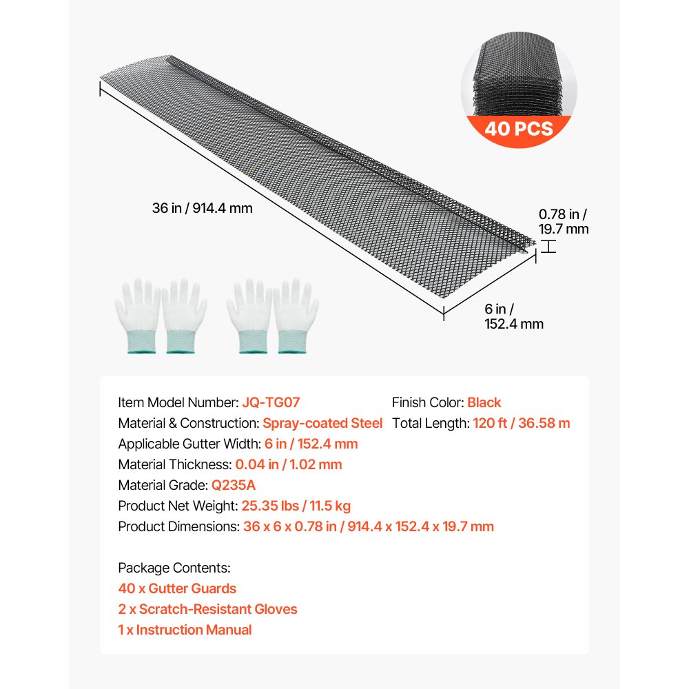 VEVOR Protector de Canalón de 152,4 mm x 36,58 m, Rejilla para Canalón de Acero con Malla Microperforada, Cubierta Antihojas con Drenaje para Tejados Residuos Agujas de Pino, 40 Unidades, Color Negro