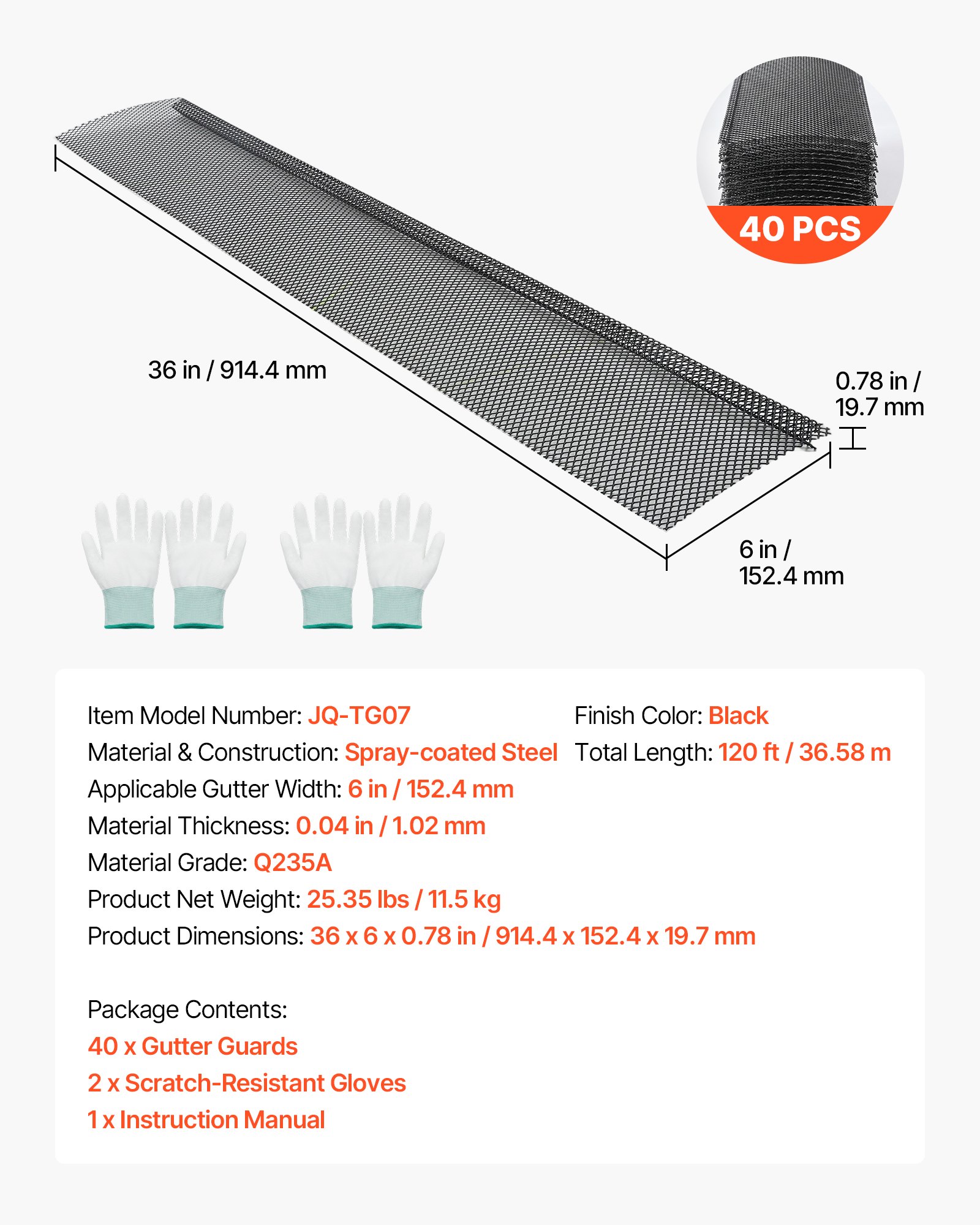 VEVOR Protector de Canalón de 152,4 mm x 36,58 m, Rejilla para Canalón de Acero con Malla Microperforada, Cubierta Antihojas con Drenaje para Tejados Residuos Agujas de Pino, 40 Unidades, Color Negro