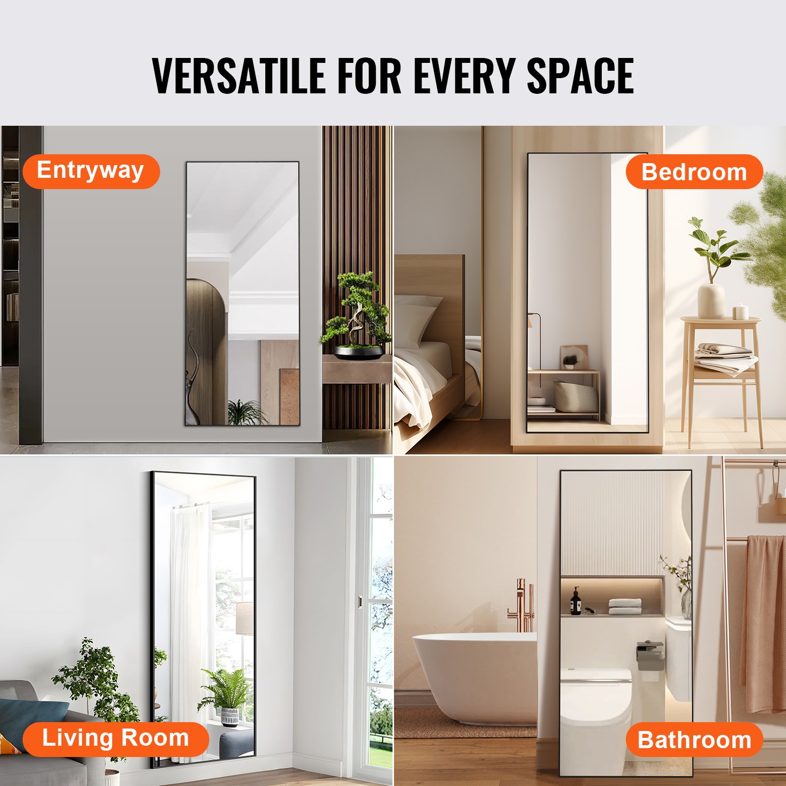 VEVOR Espejo de longitud completa, 71'' x 31'', espejo de piso rectangular extra grande para colgar o inclinarse con marco de aleación de aluminio de vidrio templado, espejo de tocador de cuerpo completo para sala de estar, dormitorio, negro