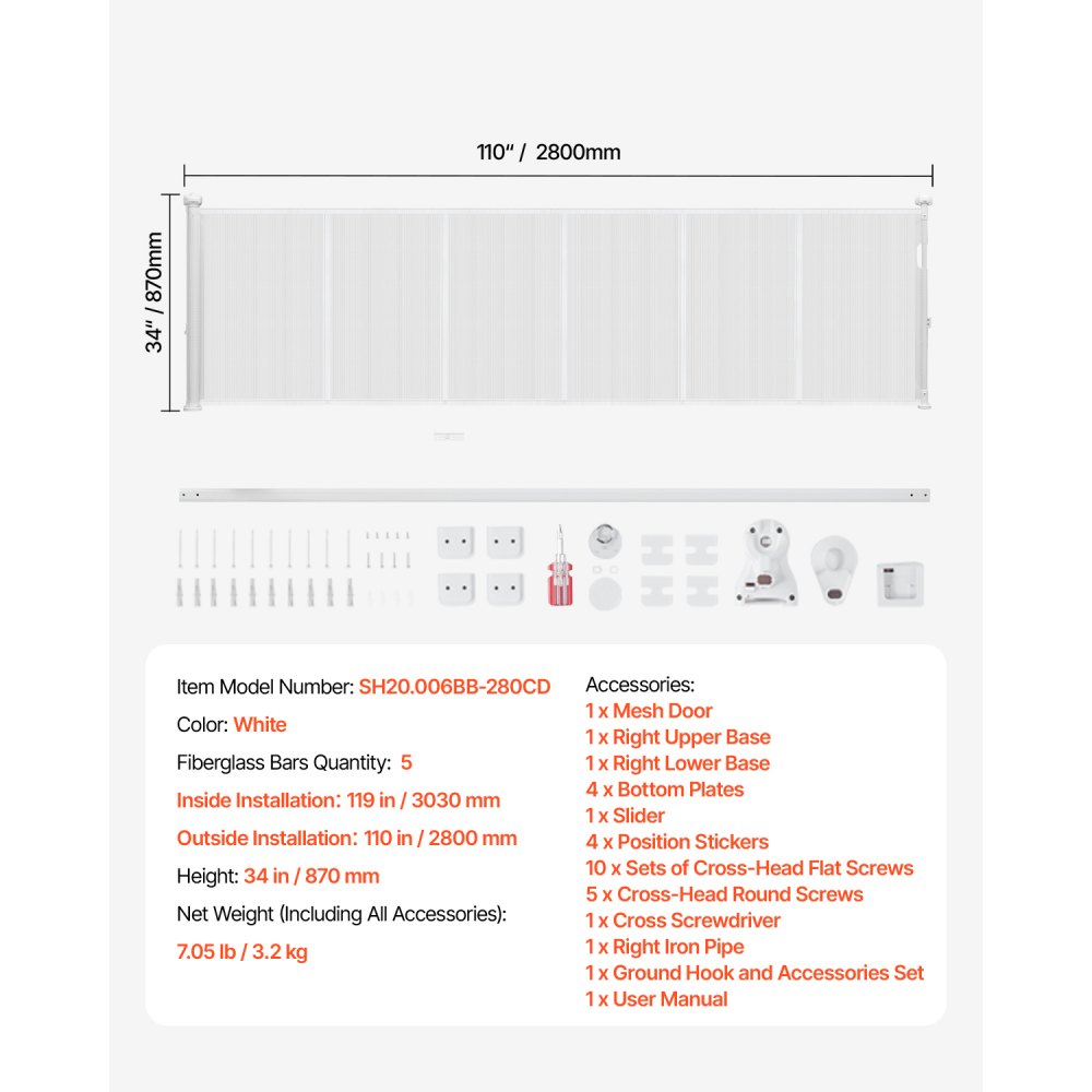 VEVOR Puerta Retráctil hasta 280 cm Alto de 87 cm Barrera de Seguridad Extensible Fácil de Instalar Panel de Malla Transpirable para Escaleras Interiores, Puertas, Pasillos, Salas de Juegos, Blanco