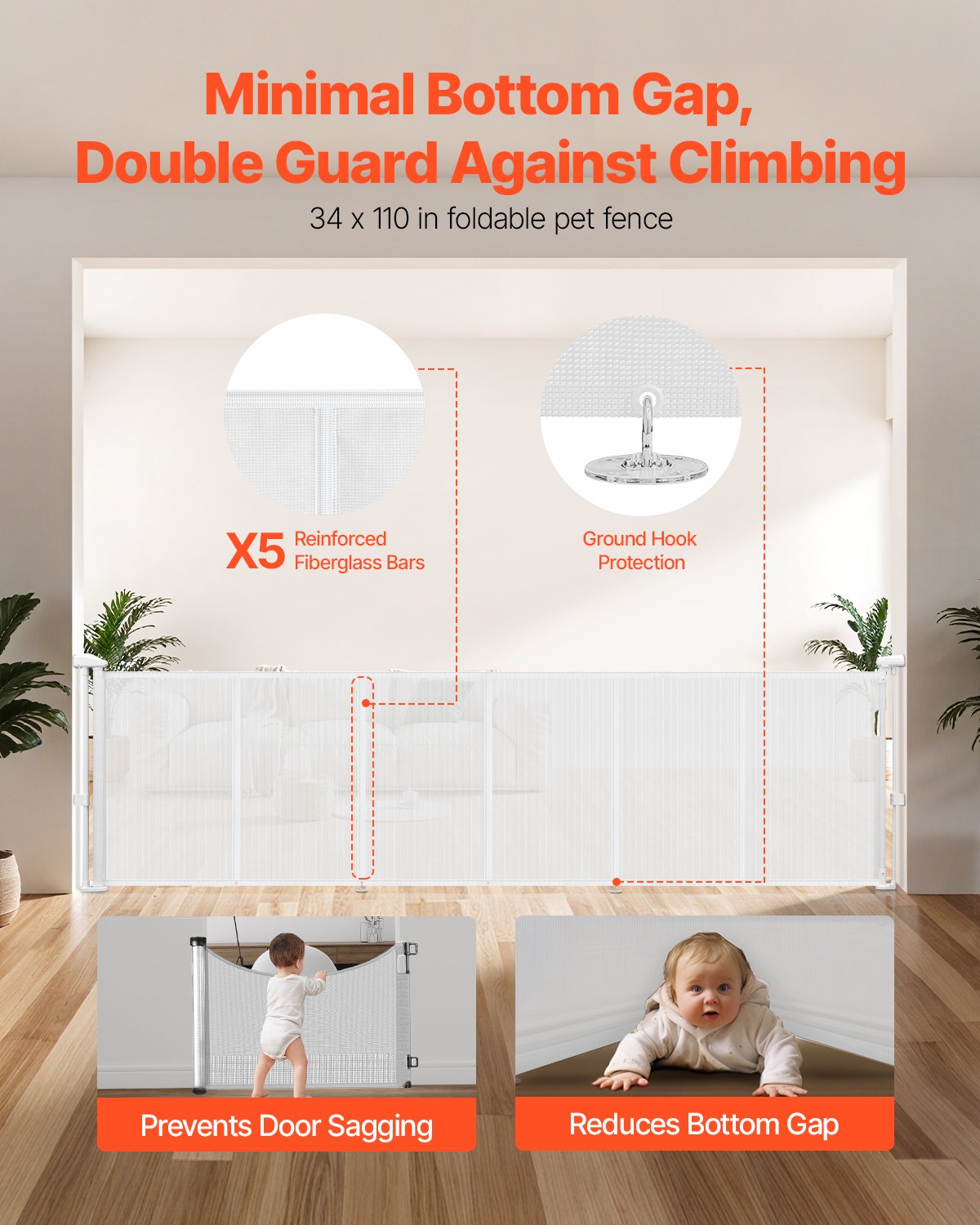 VEVOR Puerta Retráctil hasta 280 cm Alto de 87 cm Barrera de Seguridad Extensible Fácil de Instalar Panel de Malla Transpirable para Escaleras Interiores, Puertas, Pasillos, Salas de Juegos, Blanco