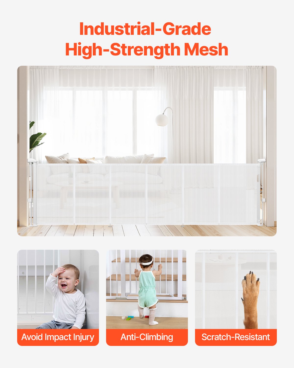 VEVOR Puerta Retráctil hasta 280 cm Alto de 87 cm Barrera de Seguridad Extensible Fácil de Instalar Panel de Malla Transpirable para Escaleras Interiores, Puertas, Pasillos, Salas de Juegos, Blanco