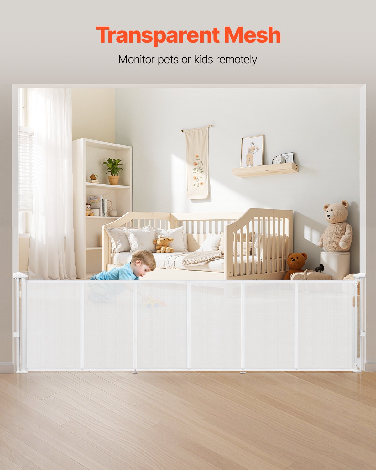 VEVOR Puerta Retráctil hasta 280 cm Alto de 87 cm Barrera de Seguridad Extensible Fácil de Instalar Panel de Malla Transpirable para Escaleras Interiores, Puertas, Pasillos, Salas de Juegos, Blanco