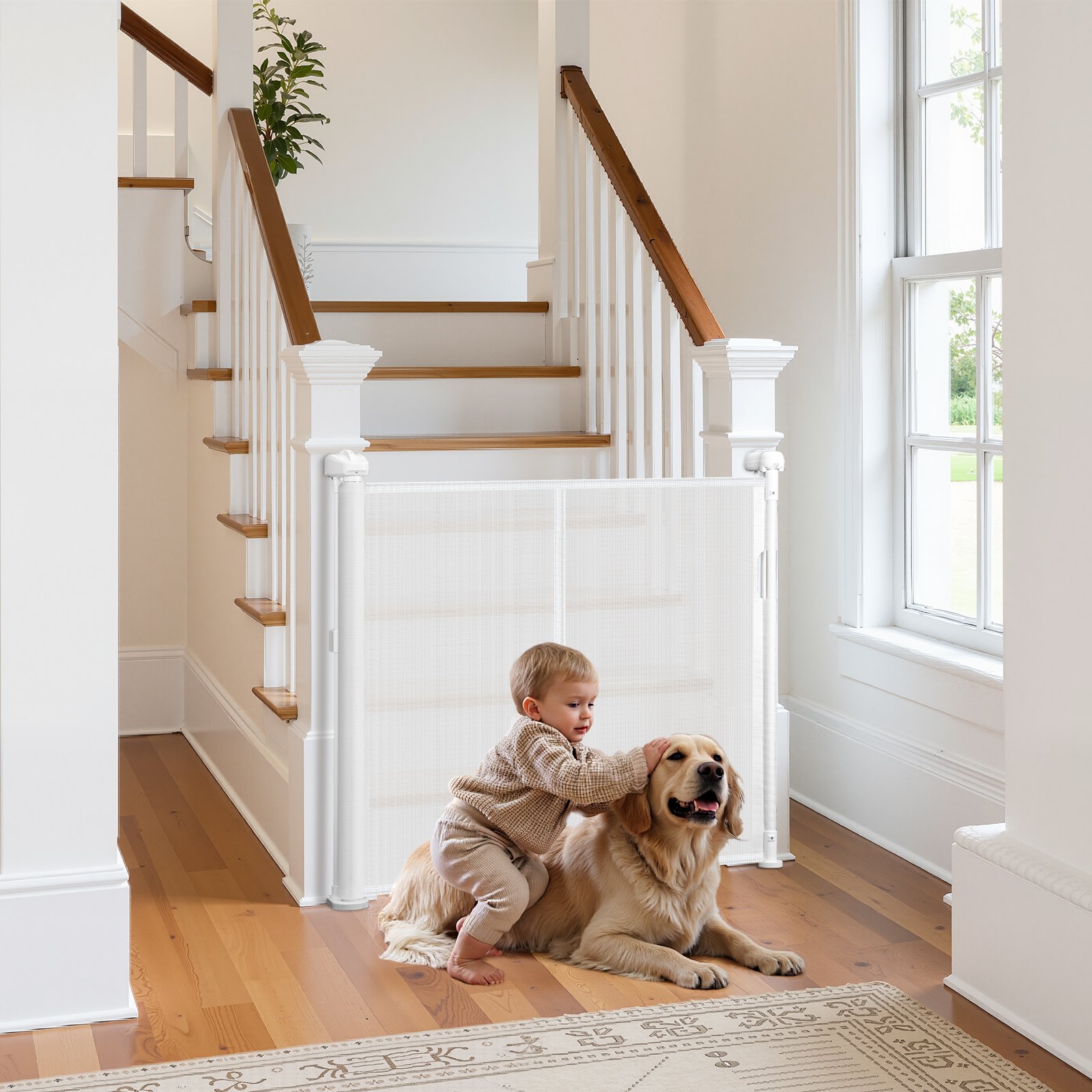 VEVOR Puerta Retráctil hasta 280 cm Alto de 87 cm Barrera de Seguridad Extensible Fácil de Instalar Panel de Malla Transpirable para Escaleras Interiores, Puertas, Pasillos, Salas de Juegos, Blanco