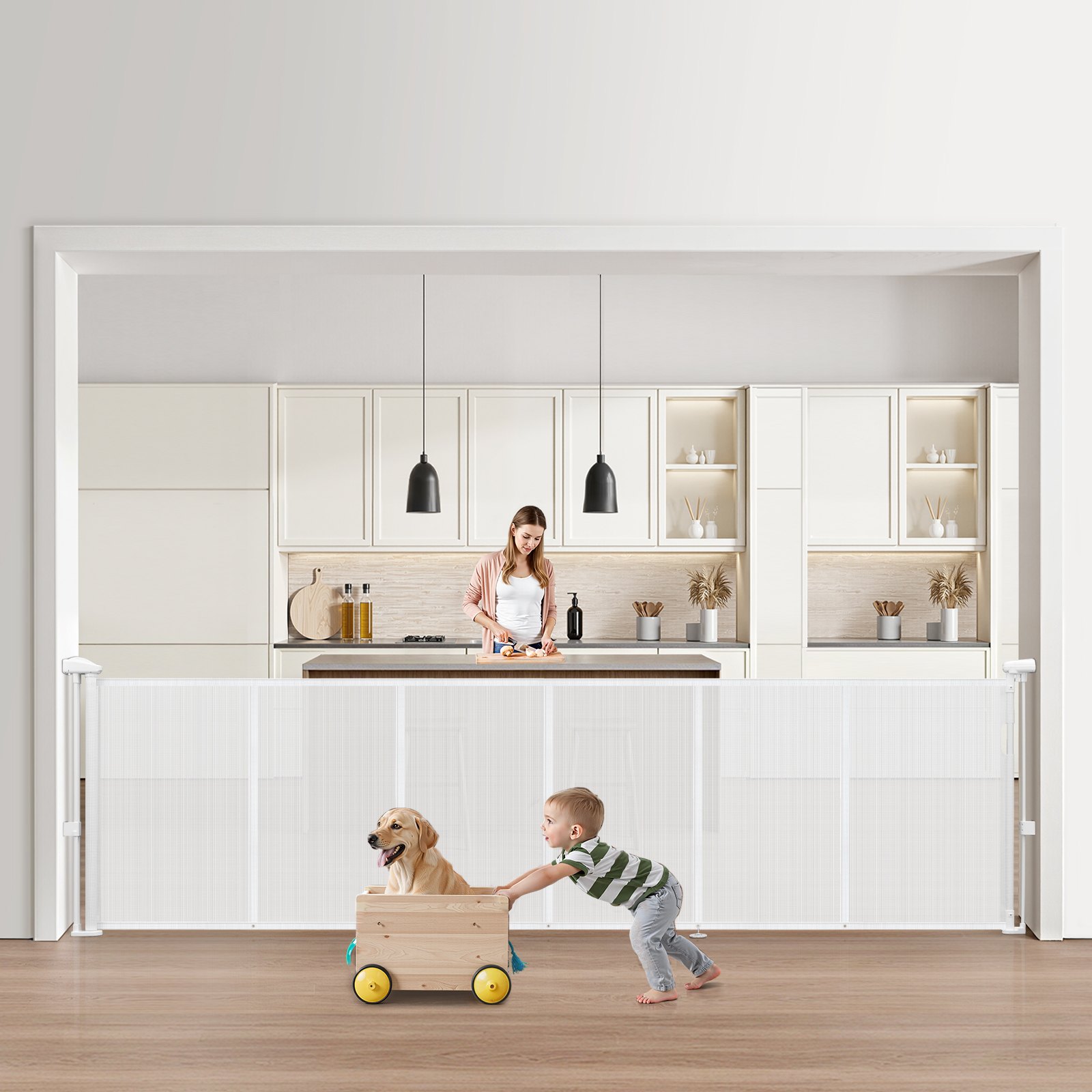 VEVOR Puerta Retráctil hasta 280 cm Alto de 87 cm Barrera de Seguridad Extensible Fácil de Instalar Panel de Malla Transpirable para Escaleras Interiores, Puertas, Pasillos, Salas de Juegos, Blanco