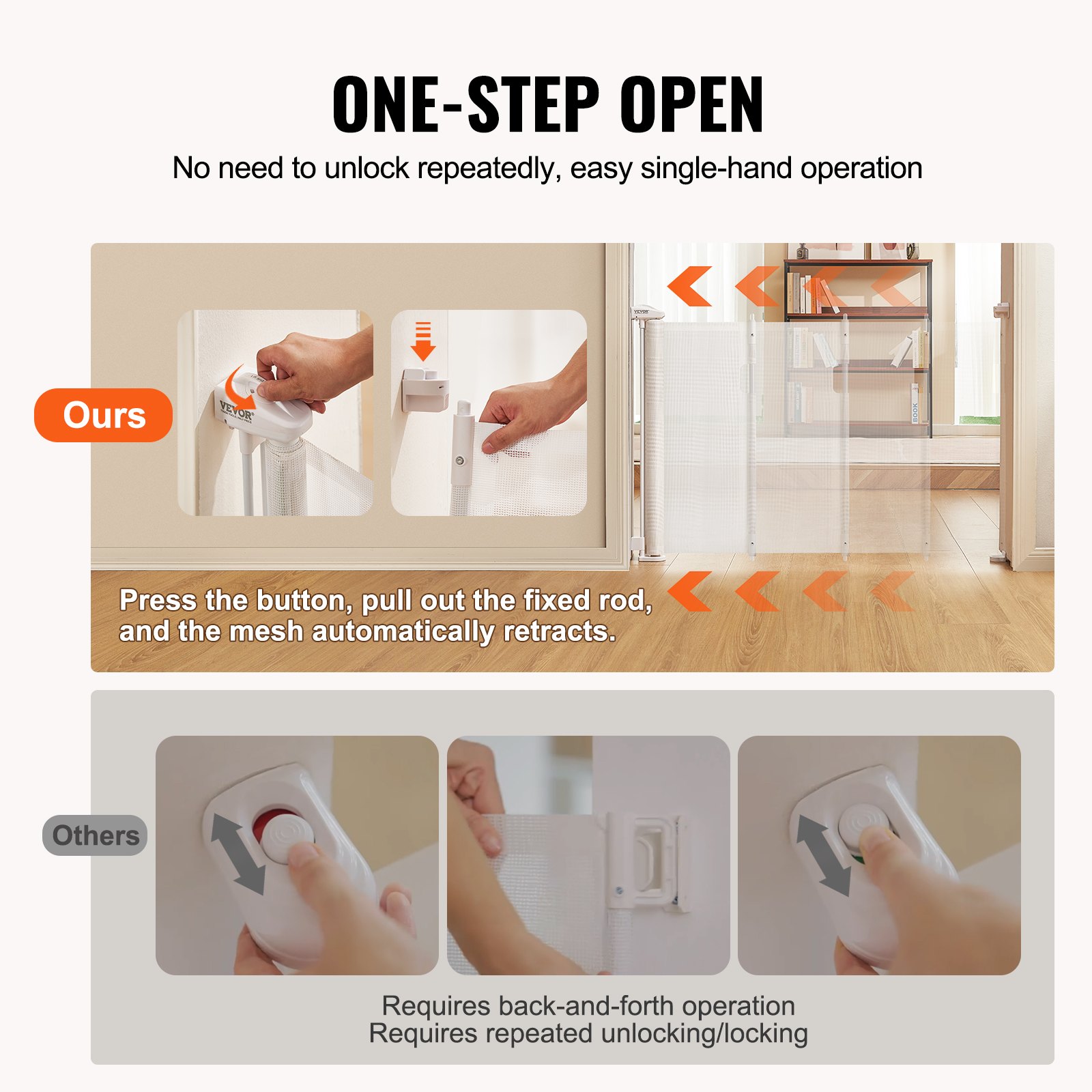 VEVOR Barrera de Seguridad Extensible hasta 295 cm Puerta Mágica para Perros Alto de 87 cm Puerta Retráctil para Bebés Abrir con Una Mano Vallas de Malla para Niños Perros Pasillo Escaleras, Blanco