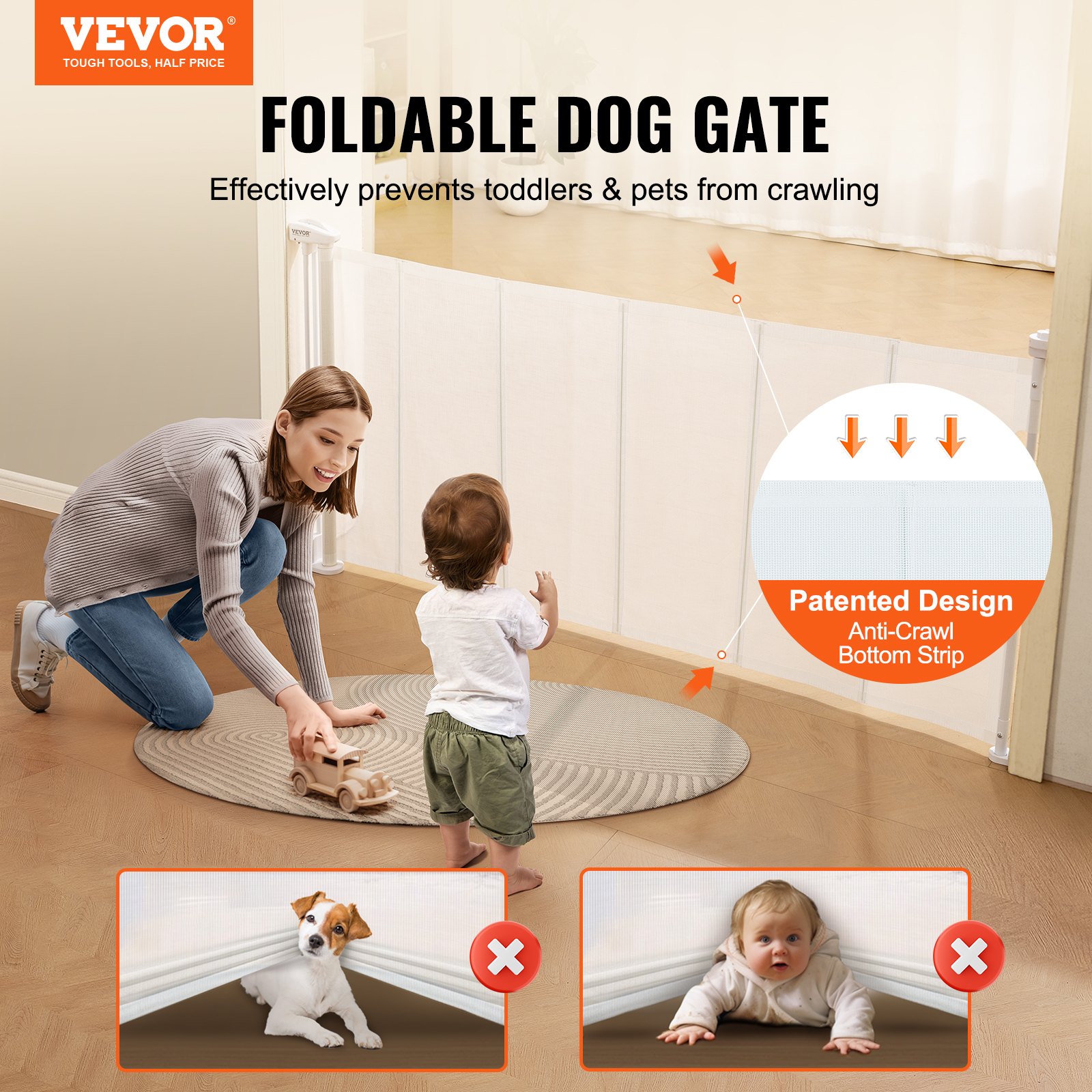 VEVOR Barrera de Seguridad Extensible hasta 195 cm Puerta Mágica para Perros Alto de 87 cm Puerta Retráctil para Bebés Abrir con Una Mano Vallas de Malla para Niños Perros Pasillo Escaleras, Blanco