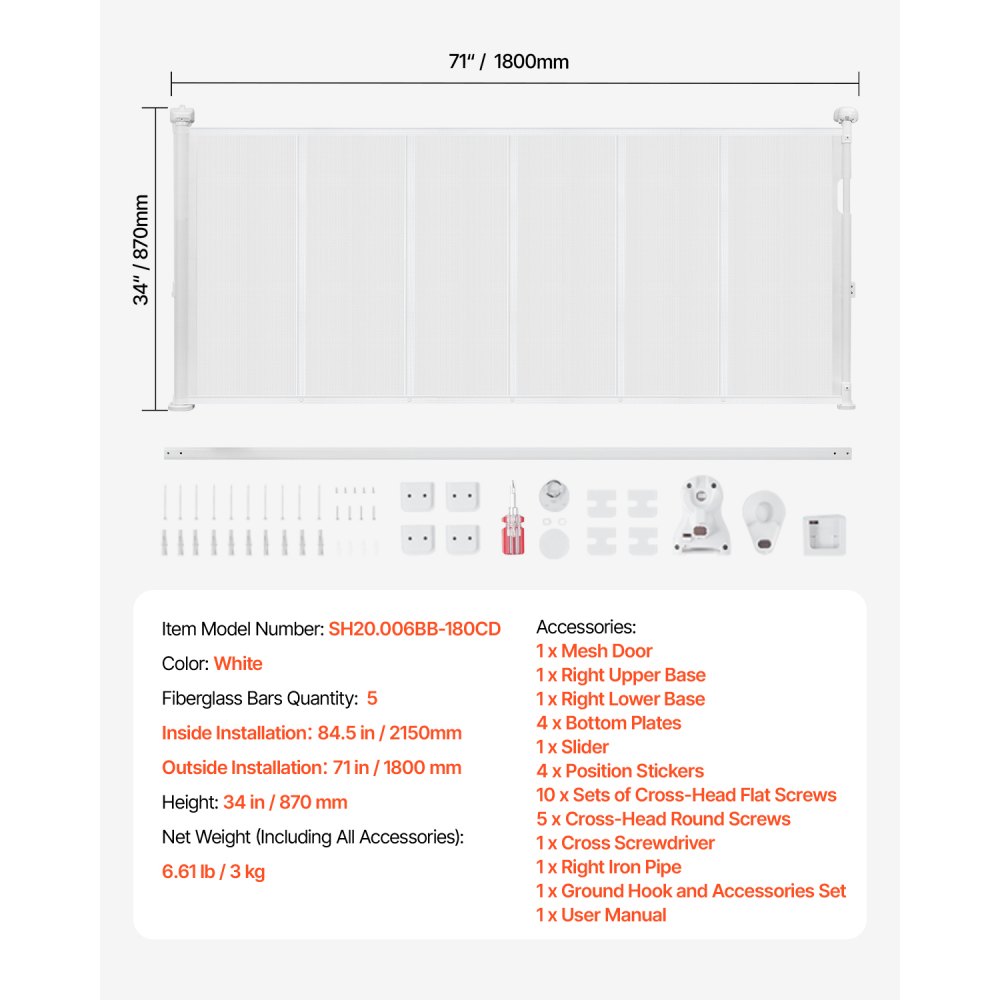 VEVOR Puerta Retráctil hasta 180 cm Alto de 87 cm Barrera de Seguridad Extensible Fácil de Instalar Panel de Malla Transpirable para Escaleras Interiores, Puertas, Pasillos, Salas de Juegos, Blanco