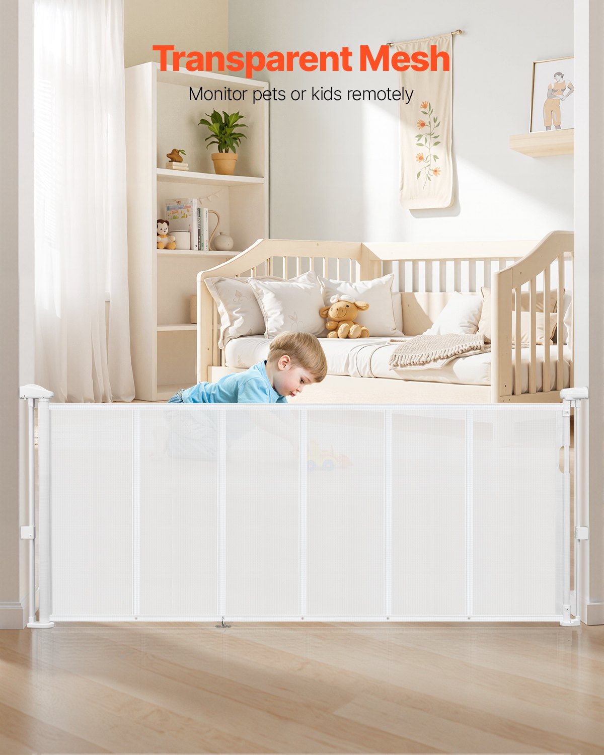 VEVOR Puerta Retráctil hasta 180 cm Alto de 87 cm Barrera de Seguridad Extensible Fácil de Instalar Panel de Malla Transpirable para Escaleras Interiores, Puertas, Pasillos, Salas de Juegos, Blanco