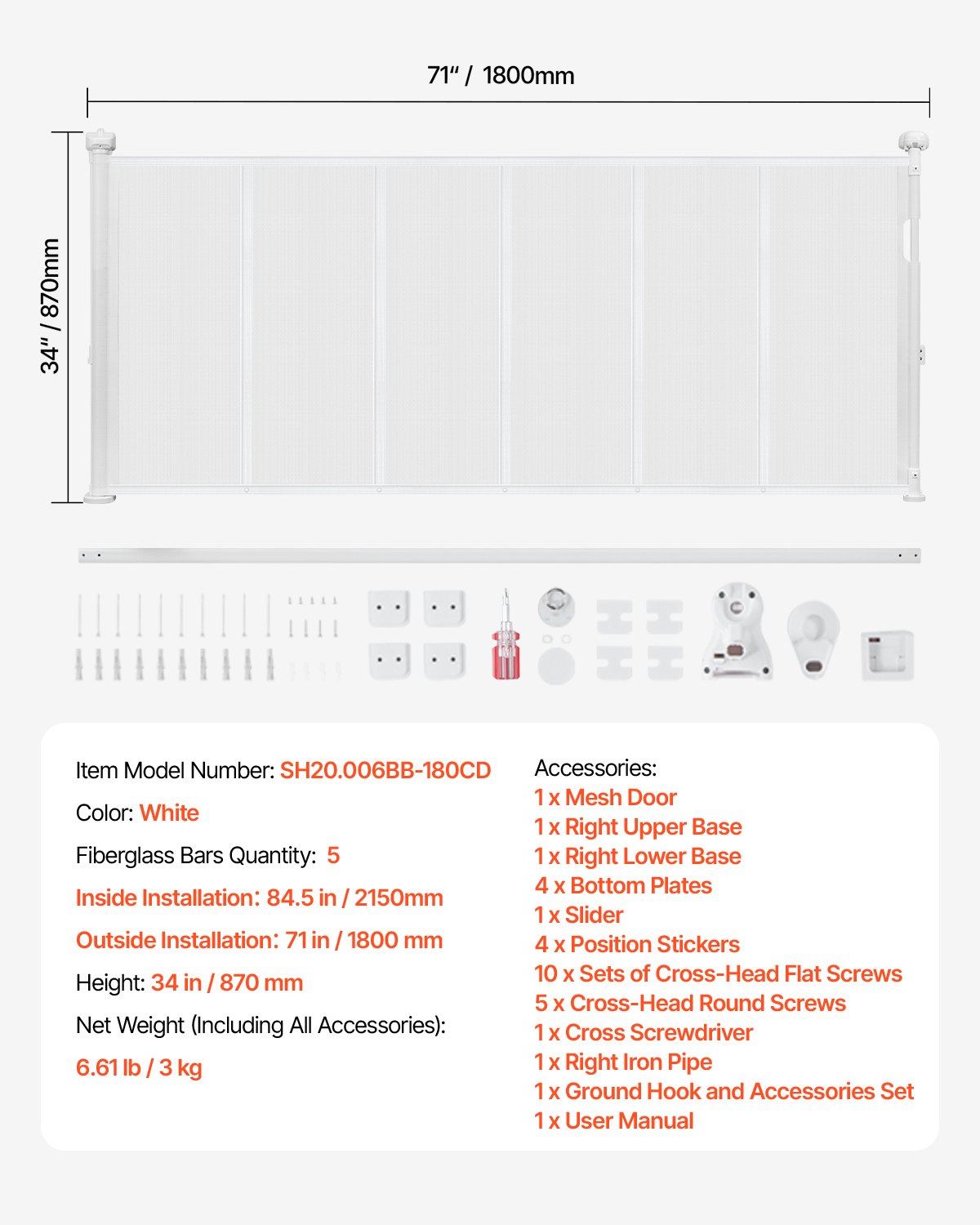 VEVOR Puerta Retráctil hasta 180 cm Alto de 87 cm Barrera de Seguridad Extensible Fácil de Instalar Panel de Malla Transpirable para Escaleras Interiores, Puertas, Pasillos, Salas de Juegos, Blanco
