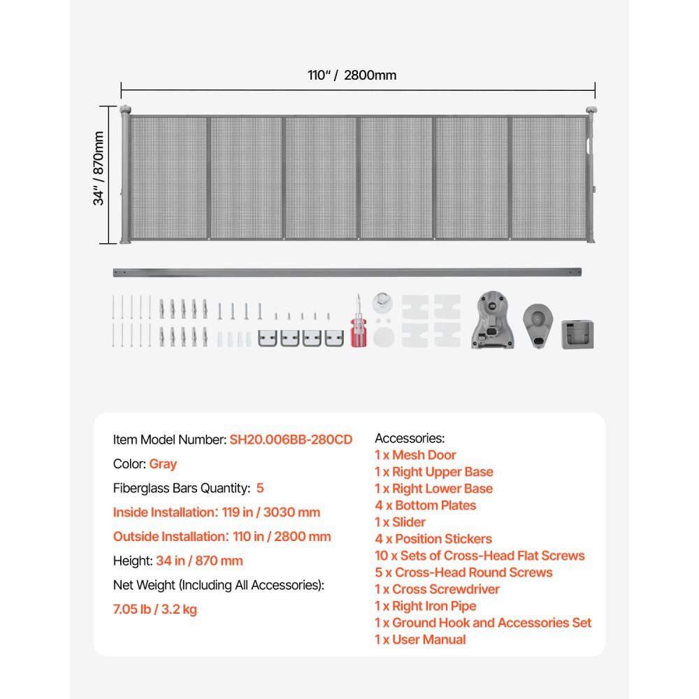 VEVOR Puerta Retráctil hasta 280 cm Alto de 87 cm Barrera de Seguridad Extensible Fácil de Instalar Panel de Malla Transpirable para Escaleras Interiores, Puertas, Pasillos, Salas de Juegos, Gris