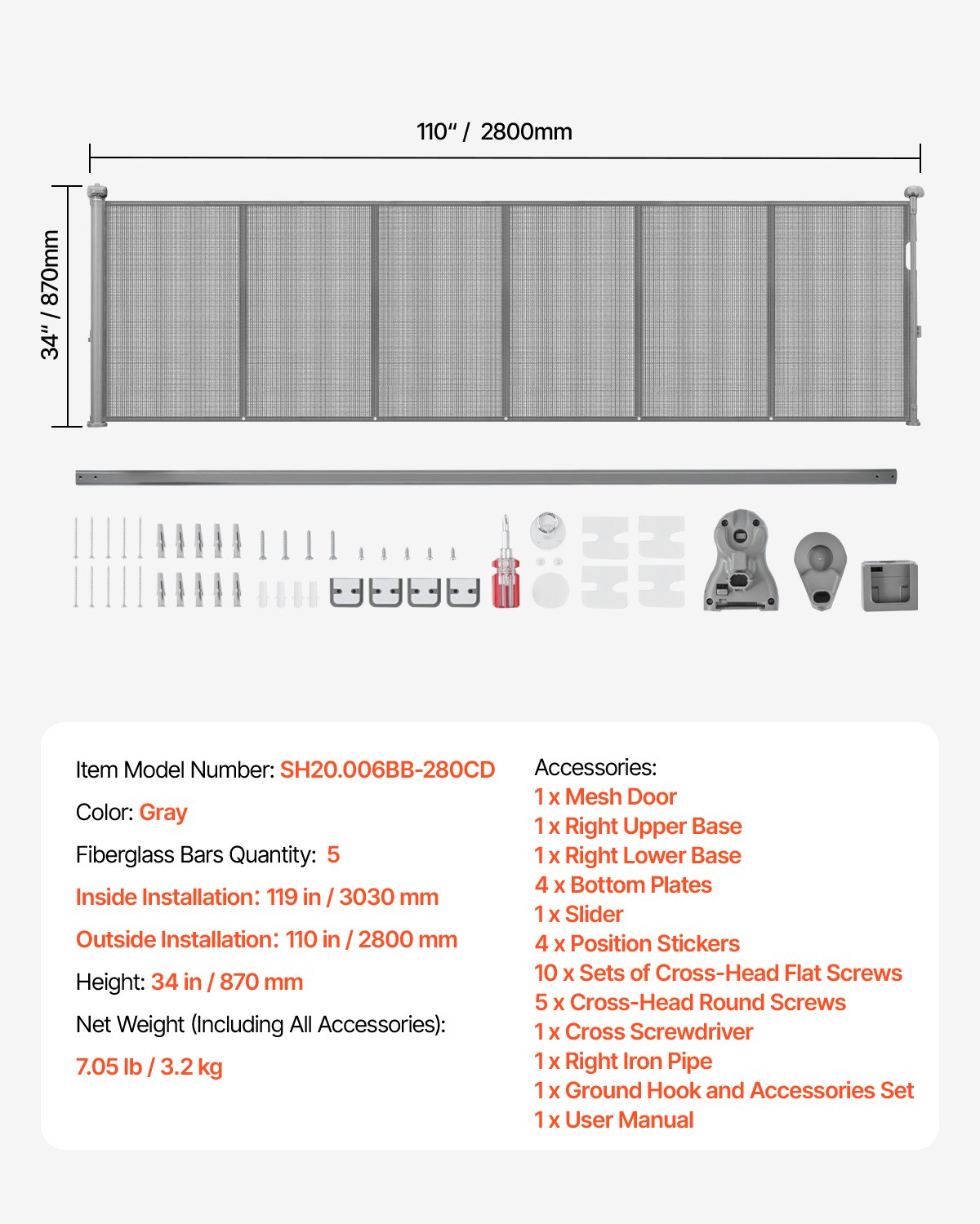 VEVOR Puerta Retráctil hasta 280 cm Alto de 87 cm Barrera de Seguridad Extensible Fácil de Instalar Panel de Malla Transpirable para Escaleras Interiores, Puertas, Pasillos, Salas de Juegos, Gris