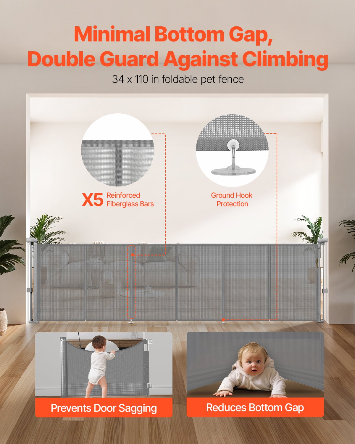 VEVOR Puerta Retráctil hasta 280 cm Alto de 87 cm Barrera de Seguridad Extensible Fácil de Instalar Panel de Malla Transpirable para Escaleras Interiores, Puertas, Pasillos, Salas de Juegos, Gris