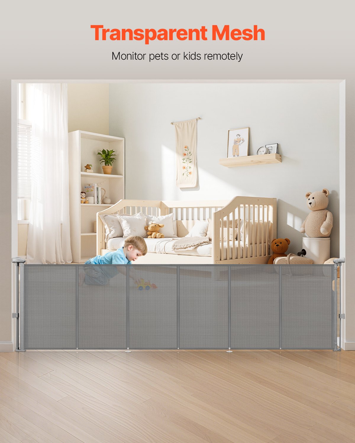 VEVOR Puerta Retráctil hasta 280 cm Alto de 87 cm Barrera de Seguridad Extensible Fácil de Instalar Panel de Malla Transpirable para Escaleras Interiores, Puertas, Pasillos, Salas de Juegos, Gris