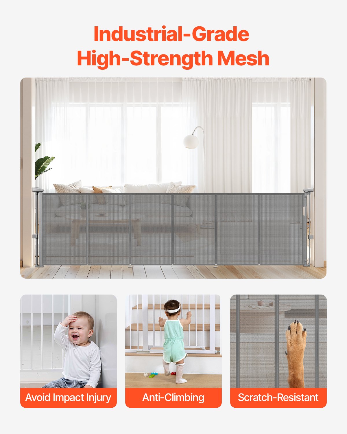 VEVOR Puerta Retráctil hasta 280 cm Alto de 87 cm Barrera de Seguridad Extensible Fácil de Instalar Panel de Malla Transpirable para Escaleras Interiores, Puertas, Pasillos, Salas de Juegos, Gris