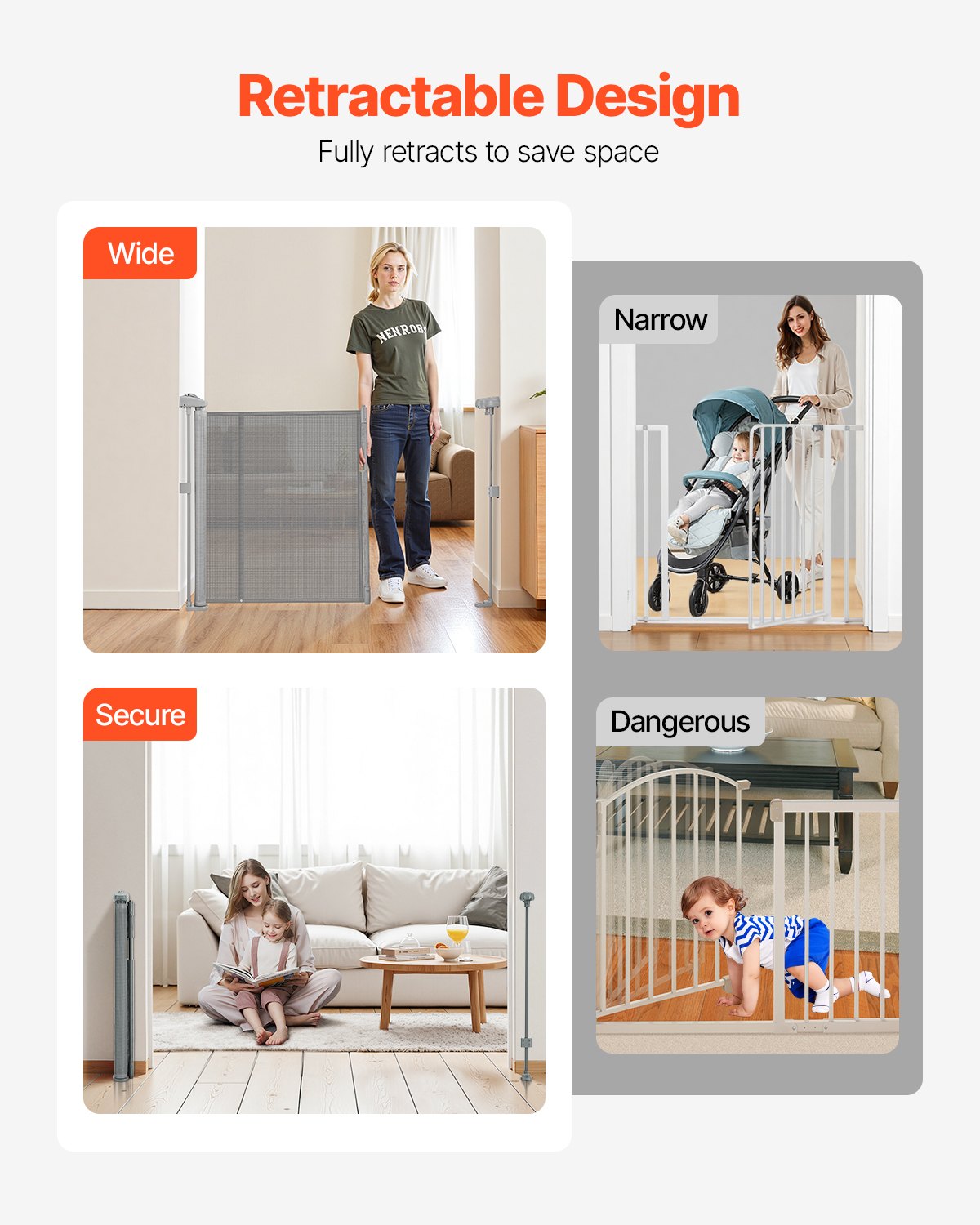 VEVOR Puerta Retráctil hasta 280 cm Alto de 87 cm Barrera de Seguridad Extensible Fácil de Instalar Panel de Malla Transpirable para Escaleras Interiores, Puertas, Pasillos, Salas de Juegos, Gris