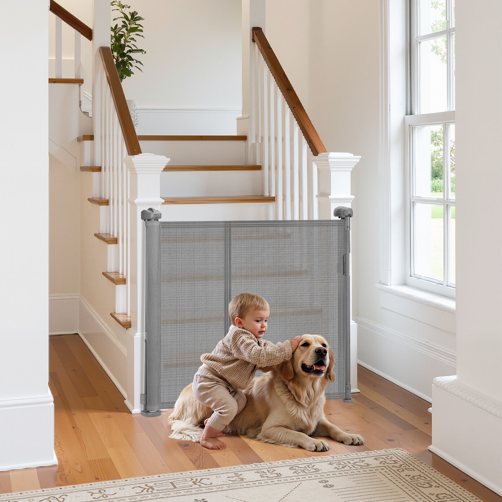 VEVOR Puerta Retráctil hasta 280 cm Alto de 87 cm Barrera de Seguridad Extensible Fácil de Instalar Panel de Malla Transpirable para Escaleras Interiores, Puertas, Pasillos, Salas de Juegos, Gris