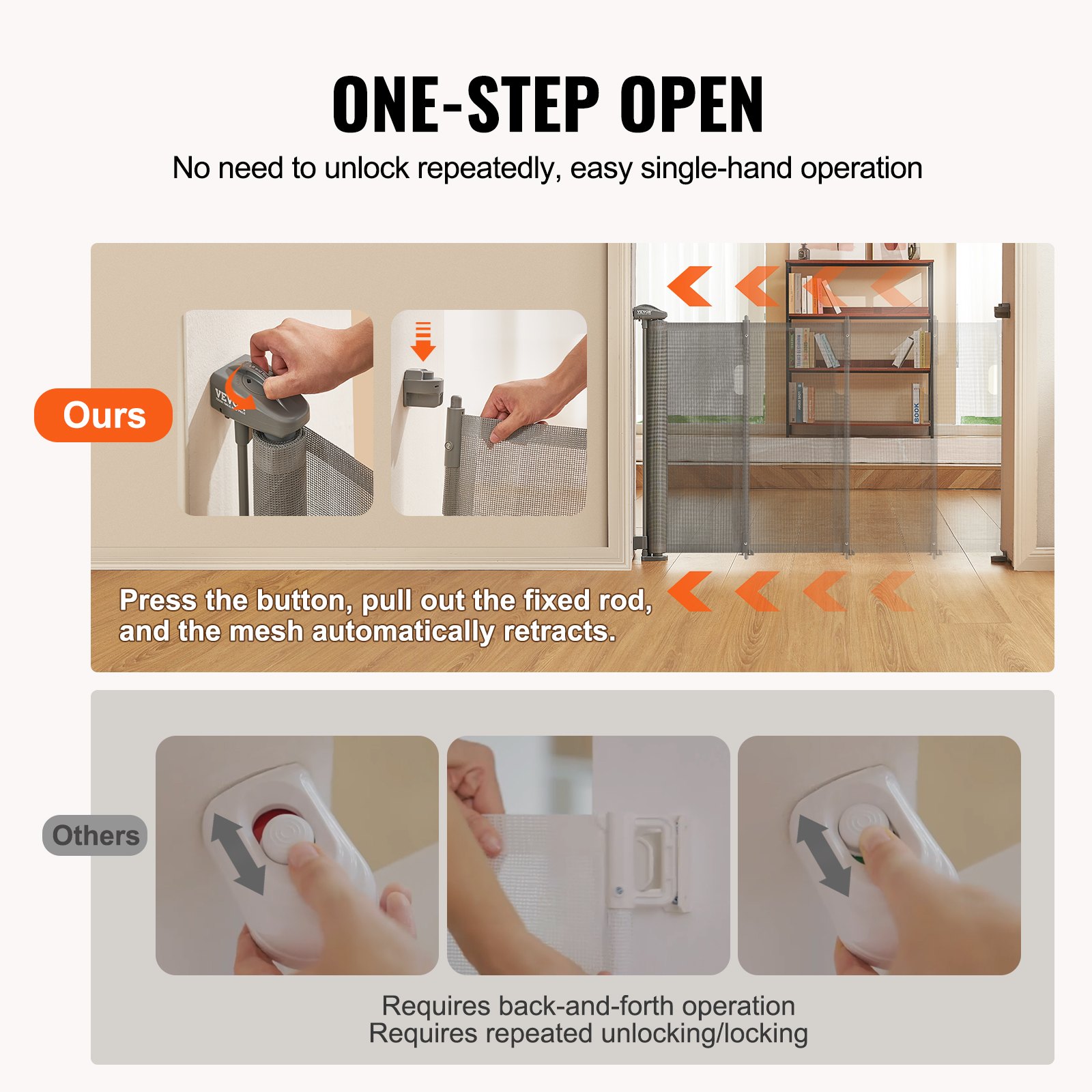 VEVOR Barrera de Seguridad Extensible hasta 295 cm Puerta Mágica para Perros Alto de 87 cm Puerta Retráctil para Bebés Abrir con Una Mano Vallas de Malla para Niños Perros Pasillo Escaleras, Gris