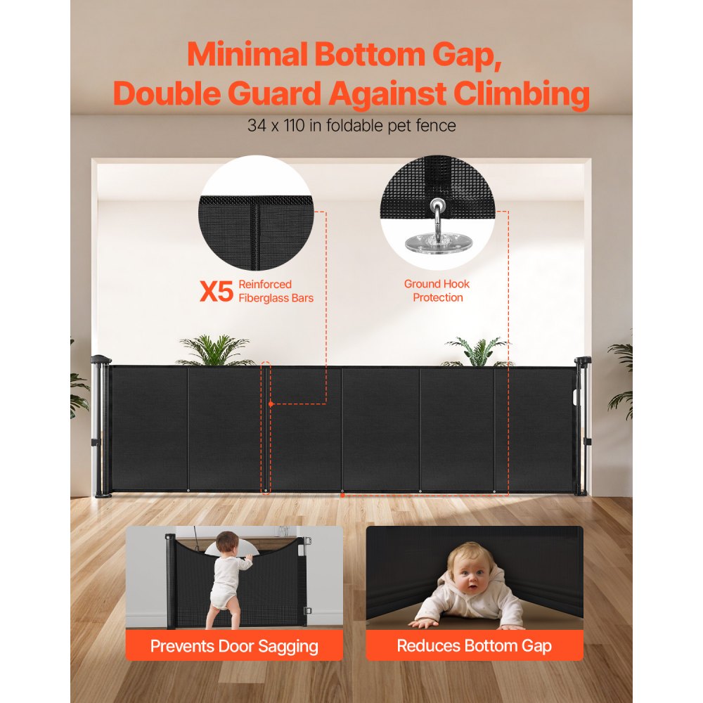 VEVOR Puerta Retráctil hasta 280 cm Alto de 87 cm Barrera de Seguridad Extensible Fácil de Instalar Panel de Malla Transpirable para Escaleras Interiores, Puertas, Pasillos, Salas de Juegos, Negro