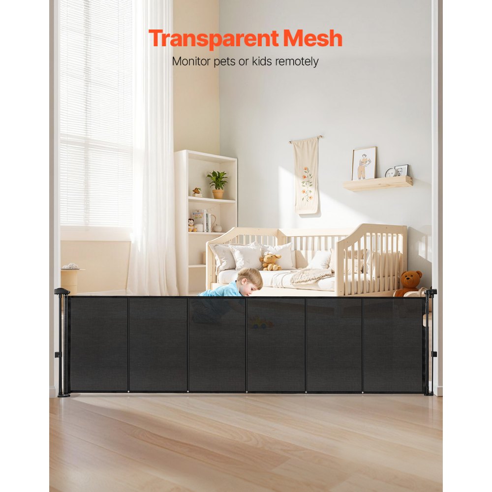VEVOR Puerta Retráctil hasta 280 cm Alto de 87 cm Barrera de Seguridad Extensible Fácil de Instalar Panel de Malla Transpirable para Escaleras Interiores, Puertas, Pasillos, Salas de Juegos, Negro