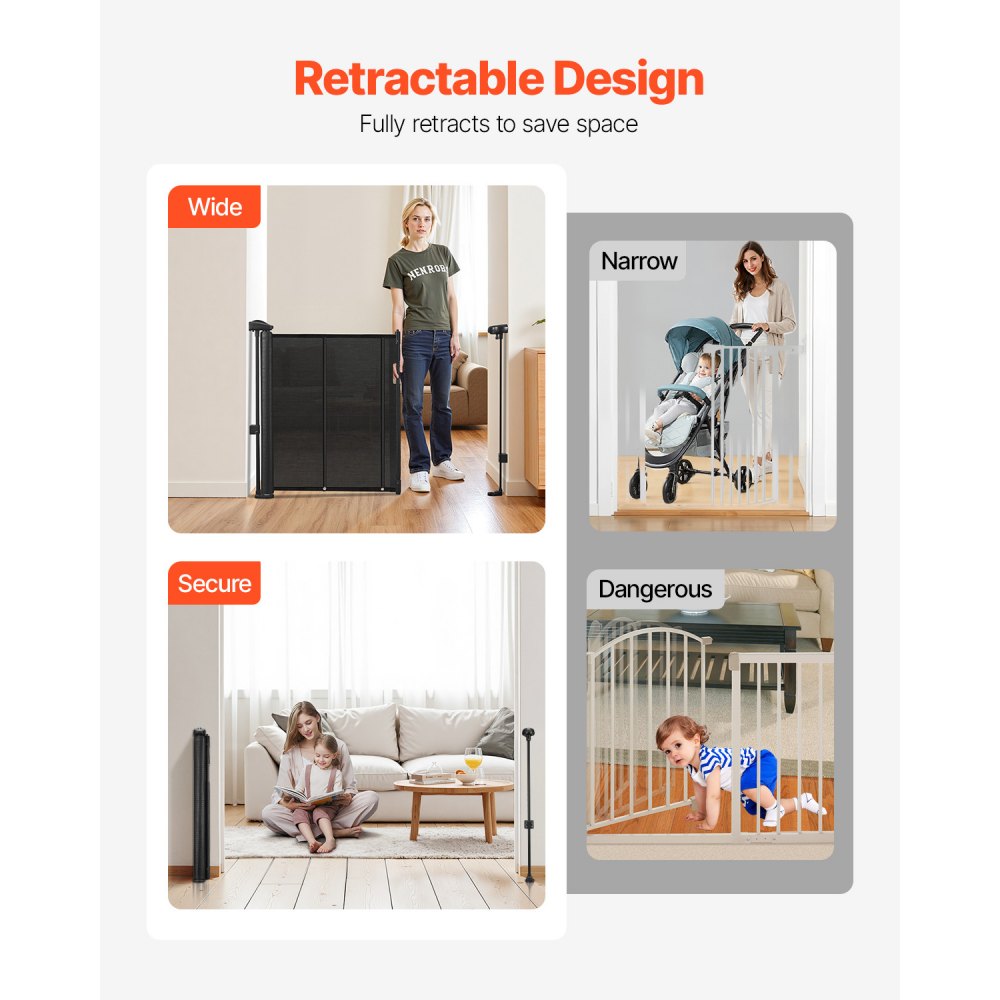 VEVOR Puerta Retráctil hasta 280 cm Alto de 87 cm Barrera de Seguridad Extensible Fácil de Instalar Panel de Malla Transpirable para Escaleras Interiores, Puertas, Pasillos, Salas de Juegos, Negro