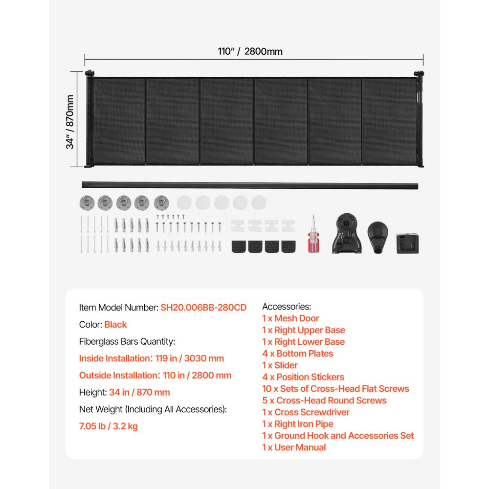 VEVOR Puerta Retráctil hasta 280 cm Alto de 87 cm Barrera de Seguridad Extensible Fácil de Instalar Panel de Malla Transpirable para Escaleras Interiores, Puertas, Pasillos, Salas de Juegos, Negro