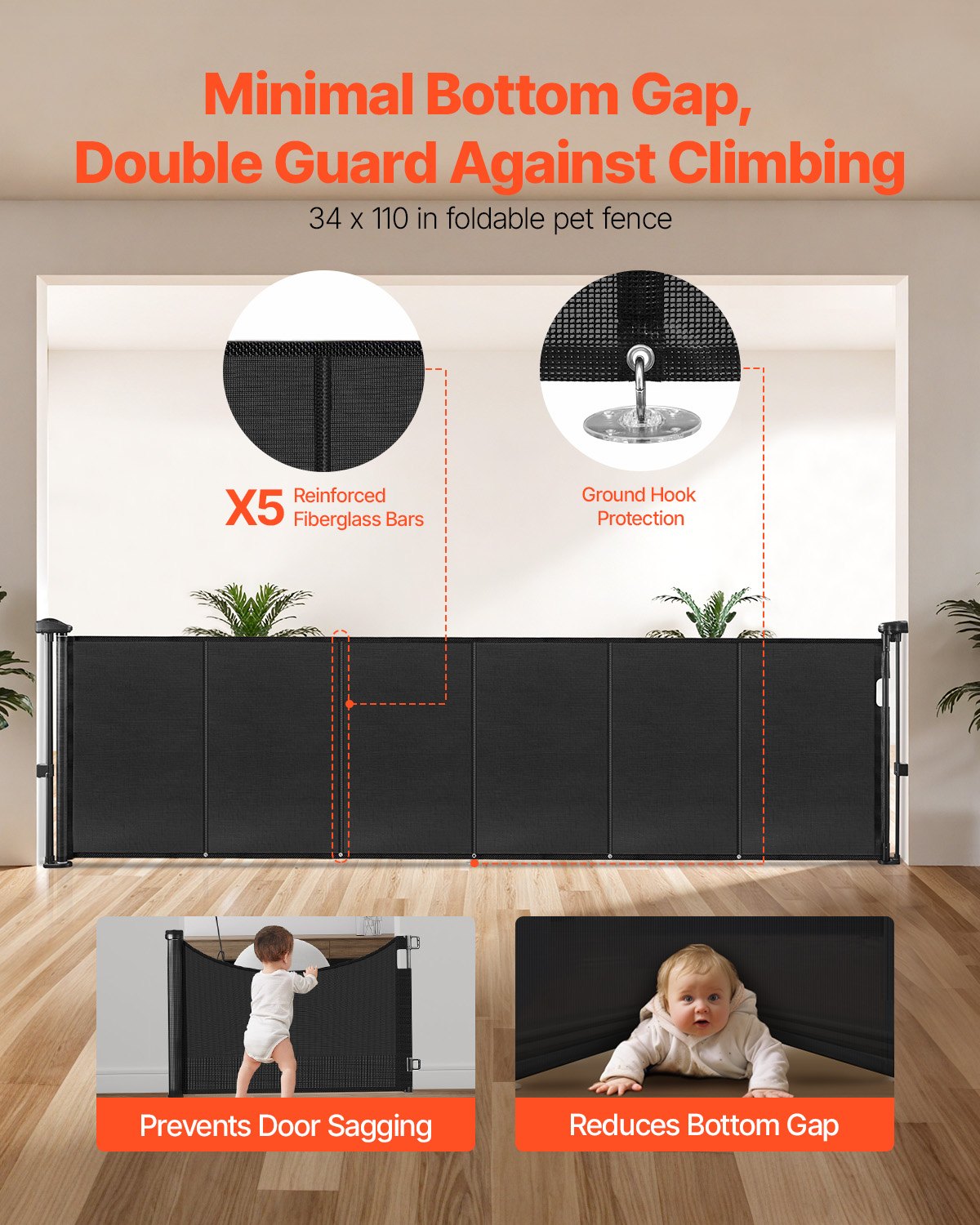 VEVOR Puerta Retráctil hasta 280 cm Alto de 87 cm Barrera de Seguridad Extensible Fácil de Instalar Panel de Malla Transpirable para Escaleras Interiores, Puertas, Pasillos, Salas de Juegos, Negro